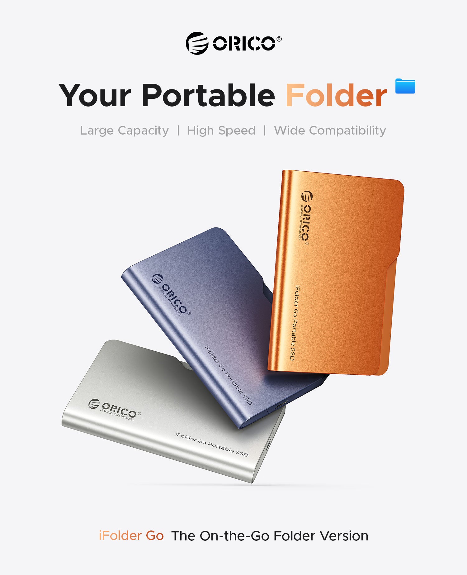 ORICO iFolder Go portable SSD available in orange, blue and silver, compact external SSD for high-speed portable storage.