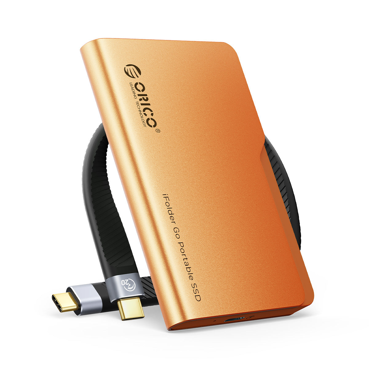 ORICO orange iFolder Go portable SSD with built-in USB-C cable, compact aluminum external solid state drive for fast and portable data storage.