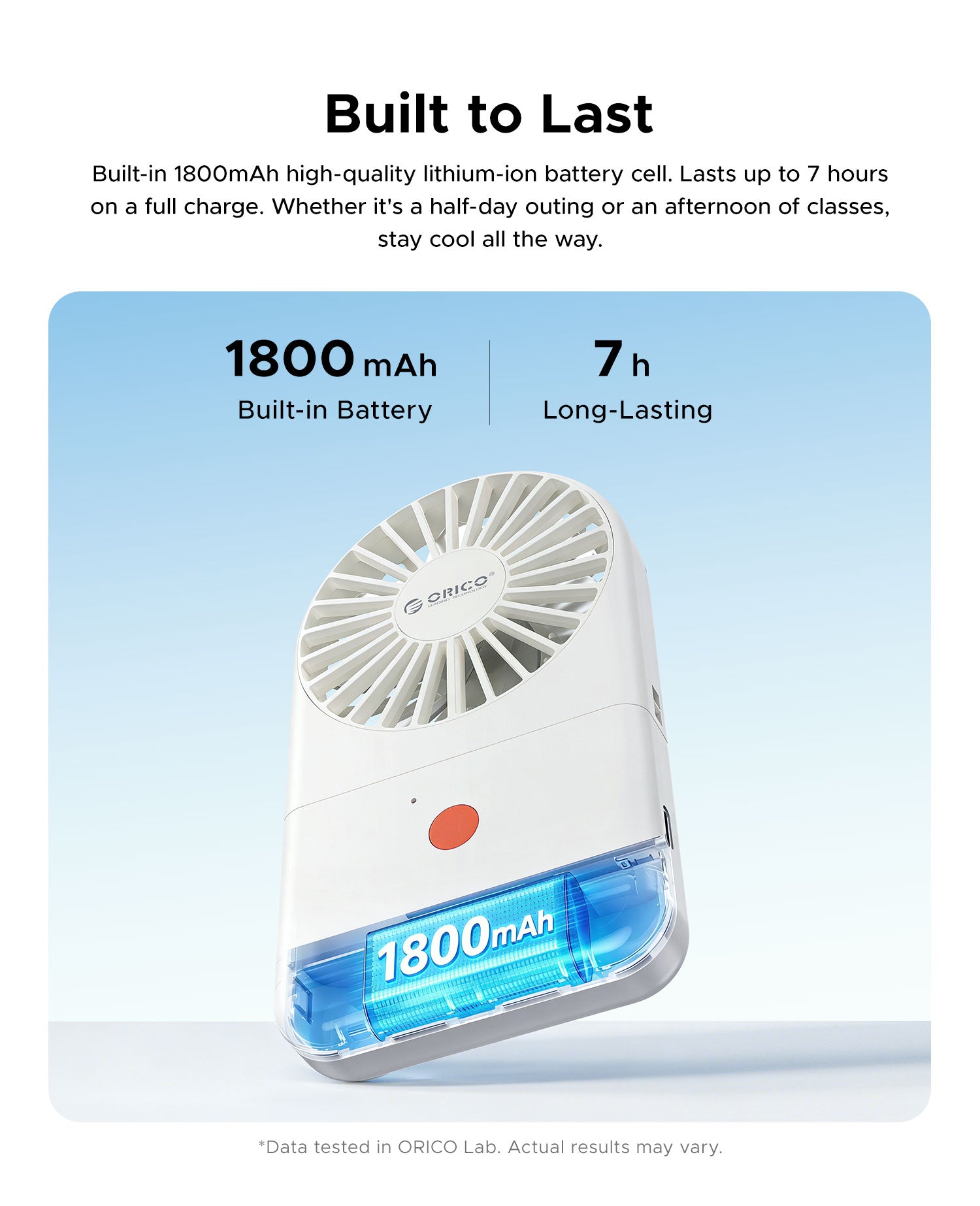 ORICO ReFan built-in 1800mAh lithium battery portable fan, up to 7 hours long runtime rechargeable mini cooling fan