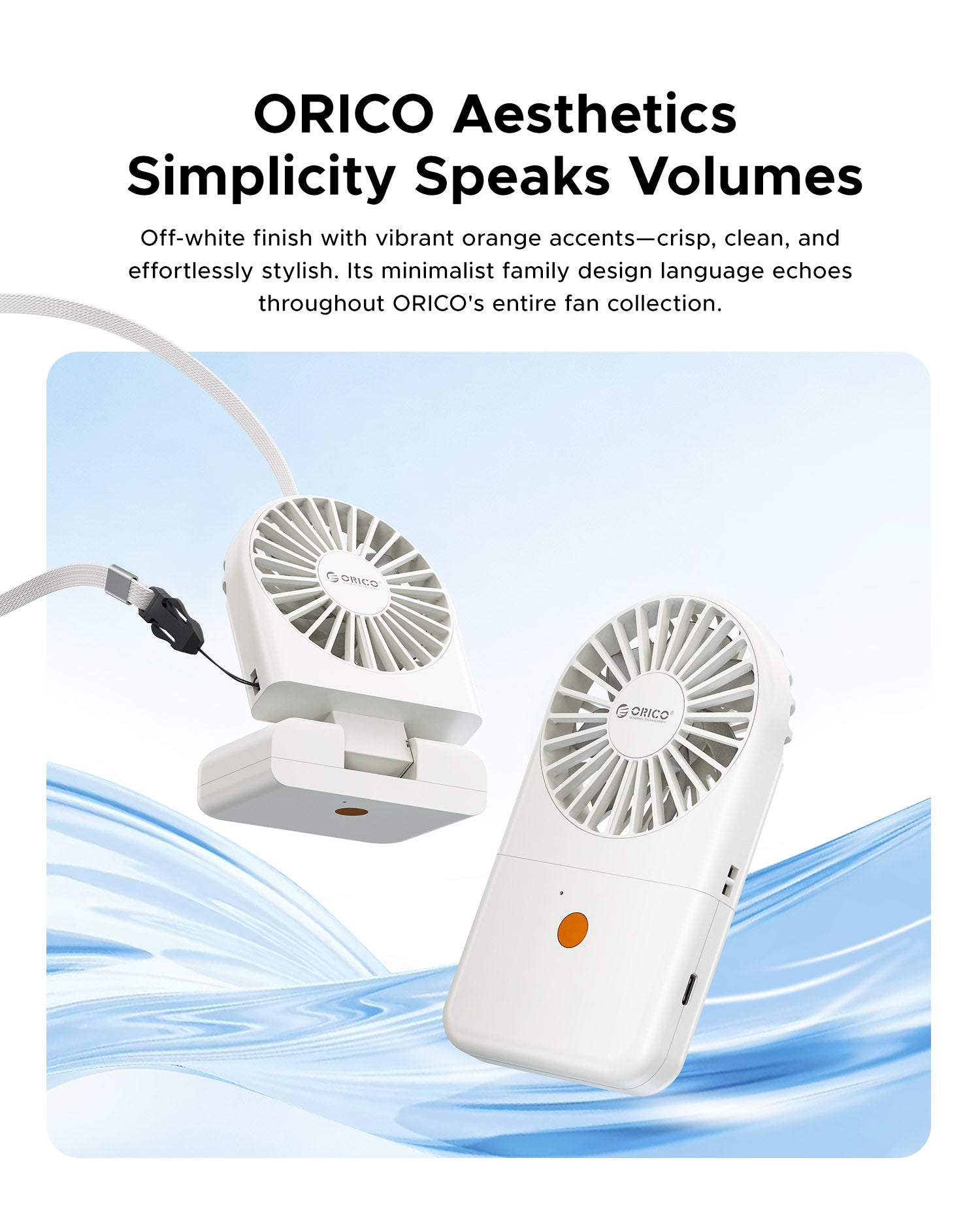ORICO ReFan minimalist white portable fan, foldable structure for neck hanging and desktop placement with adjustable lanyard