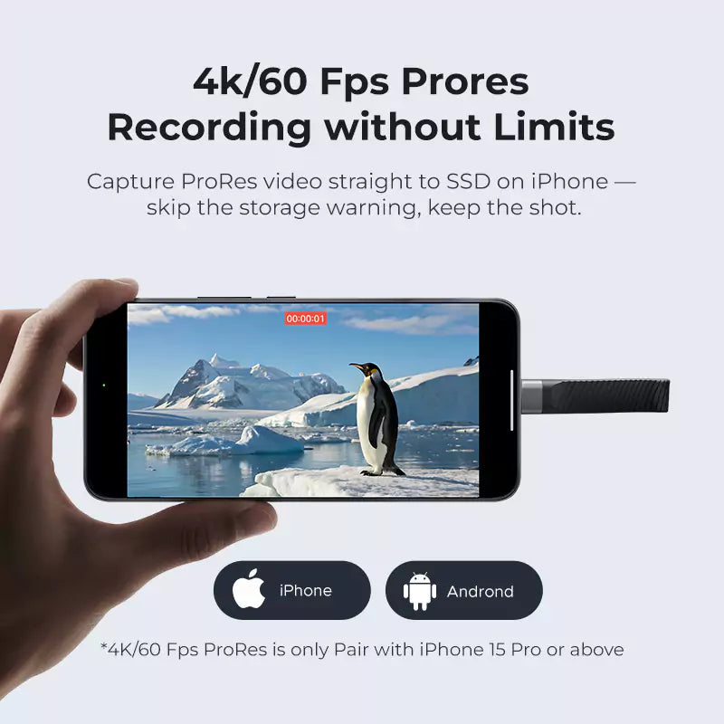 ORICO K20Mini portable SSD recording 4K/60 fps ProRes video directly from iPhone