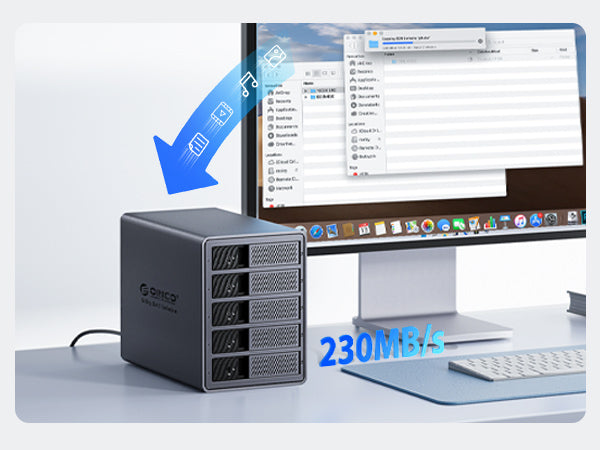 ORICO multi-bay desktop RAID storage enclosure connected to a Mac workstation, showing 230MB/s transfer speed with file transfer graphics