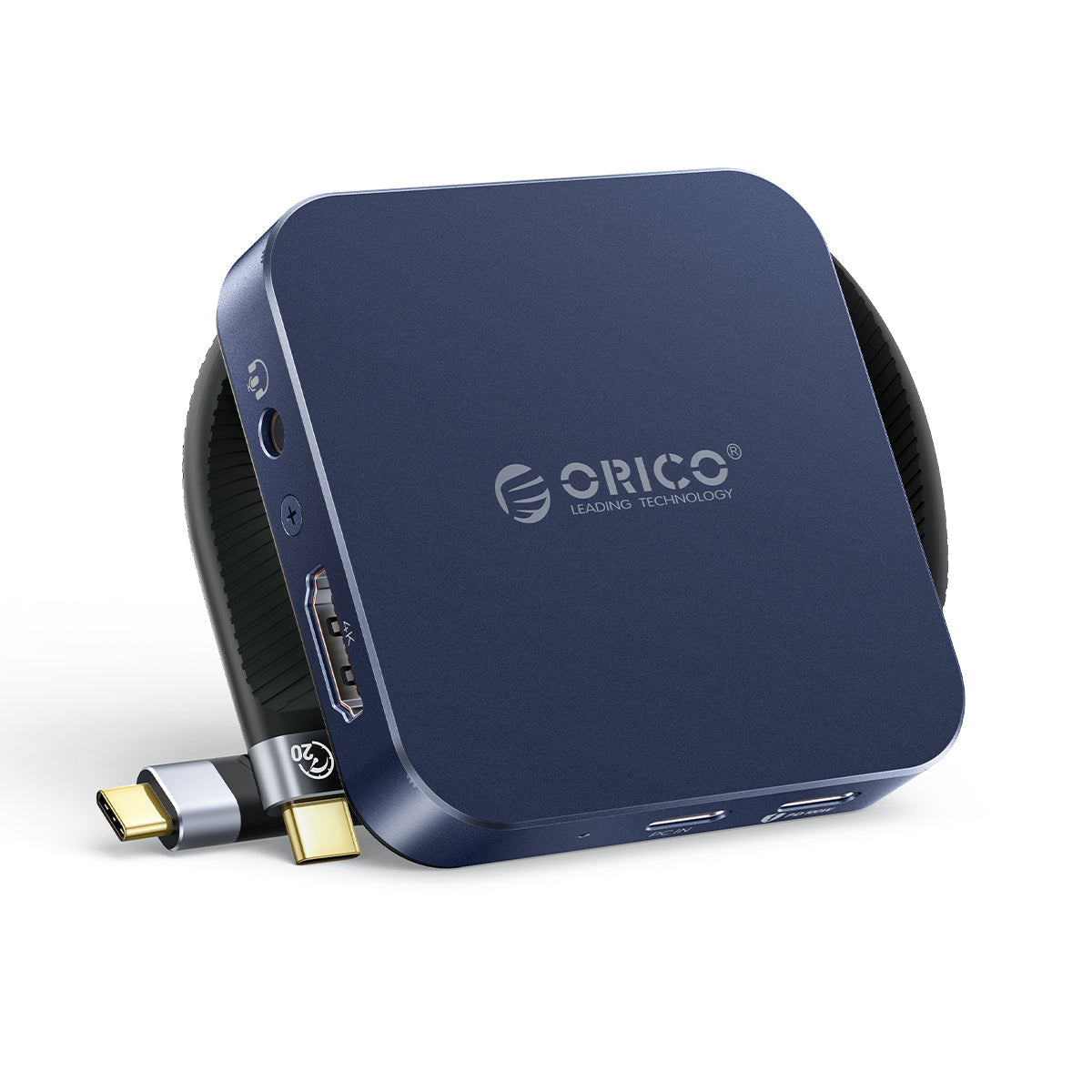 ORICO 8-in-1 blue aluminum iPhone hub with HDMI, USB, audio ports, and high-speed USB-C cable.