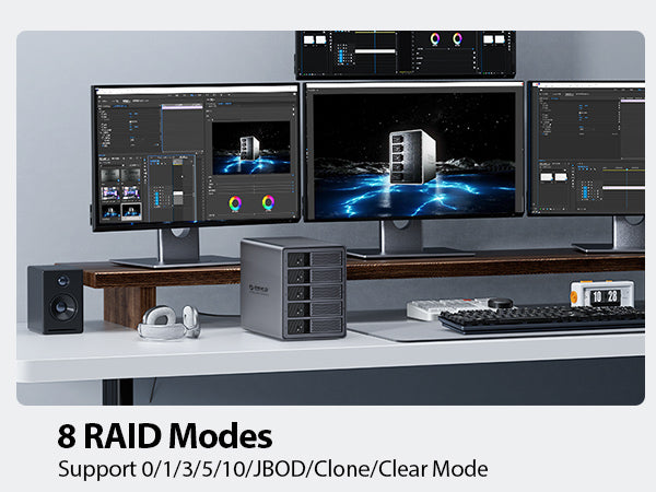 Supports 8 RAID modes: 0/1/3/5/10/JBOD/Clone/Clear.