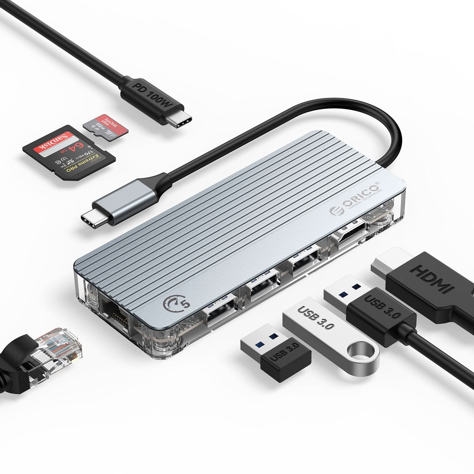 ORICO Transparent Series 8 in 1 Interface Type-c Hub - Orico