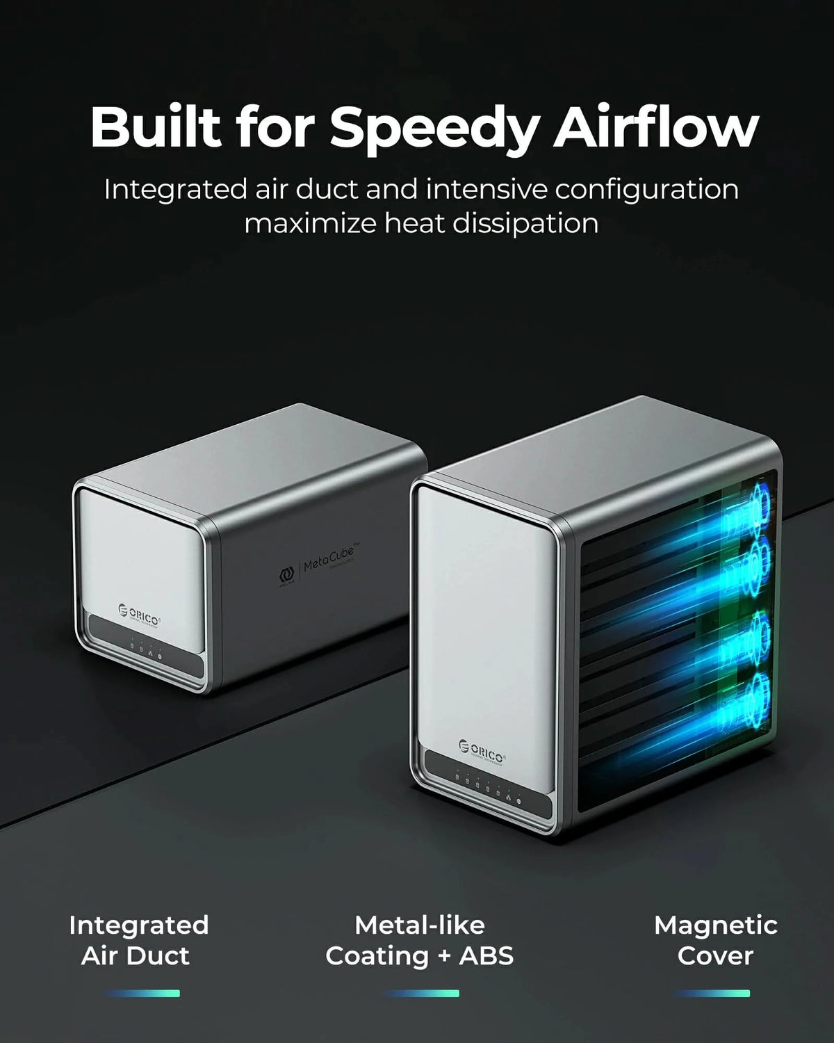 Advanced airflow system with magnetic cover and metal-like coating for efficient heat dissipation.