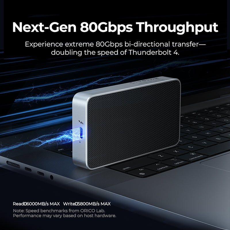 ORICO portable SSD enclosure connected to MacBook via Thunderbolt port with blue lightning effects, showcasing Next-Gen 80Gbps throughput with read speeds up to 6000MB/s and write speeds up to 5800MB/s
