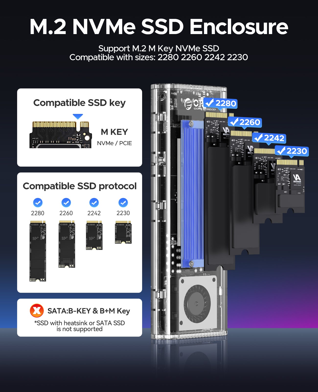 ORICO TCM2-U4 Transparent USB4 40Gbps M.2 NVMe SSD  Enclosure With Cooling Fan