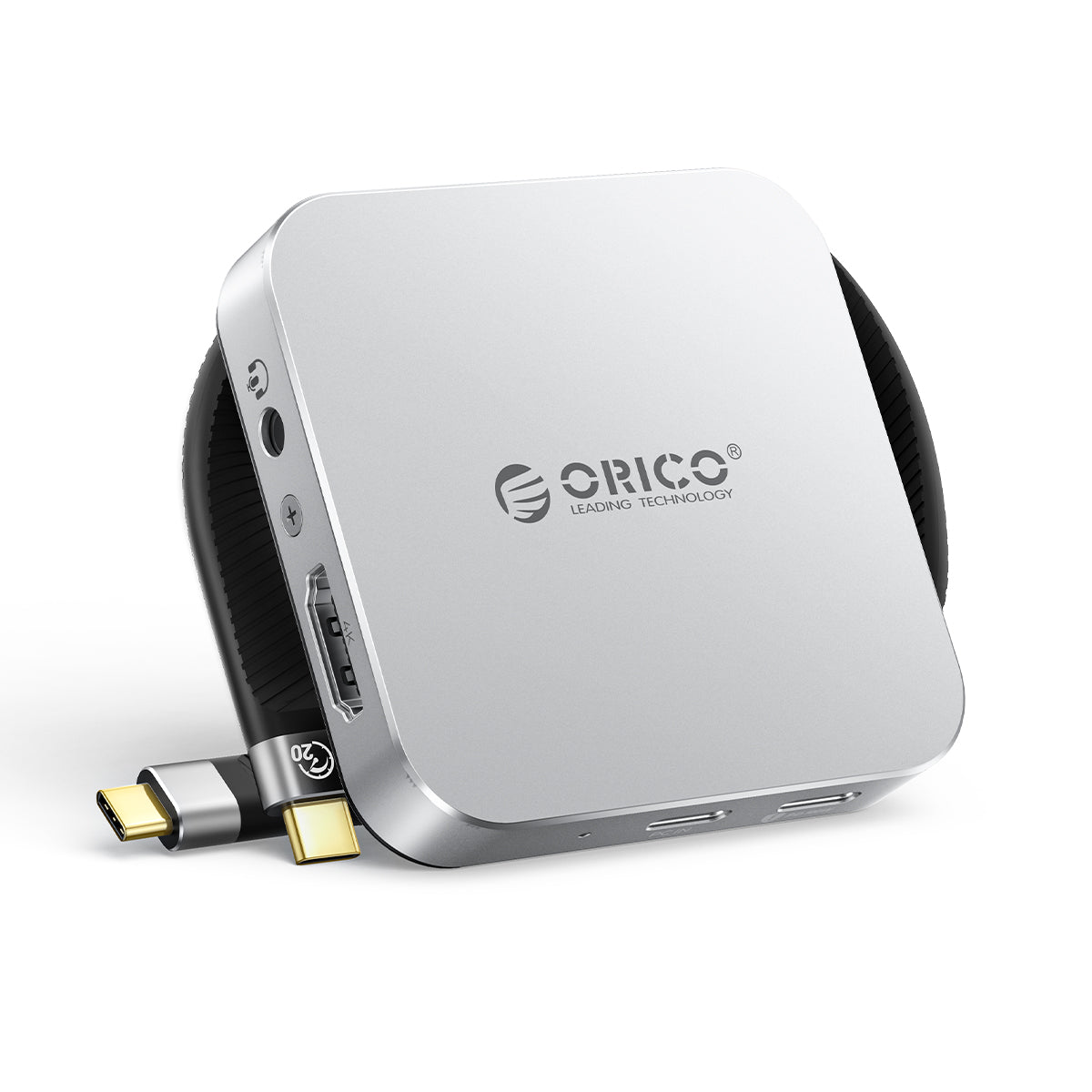 ORICO 8-in-1 white aluminum iPhone hub with HDMI, USB, audio ports, and high-speed USB-C cable.