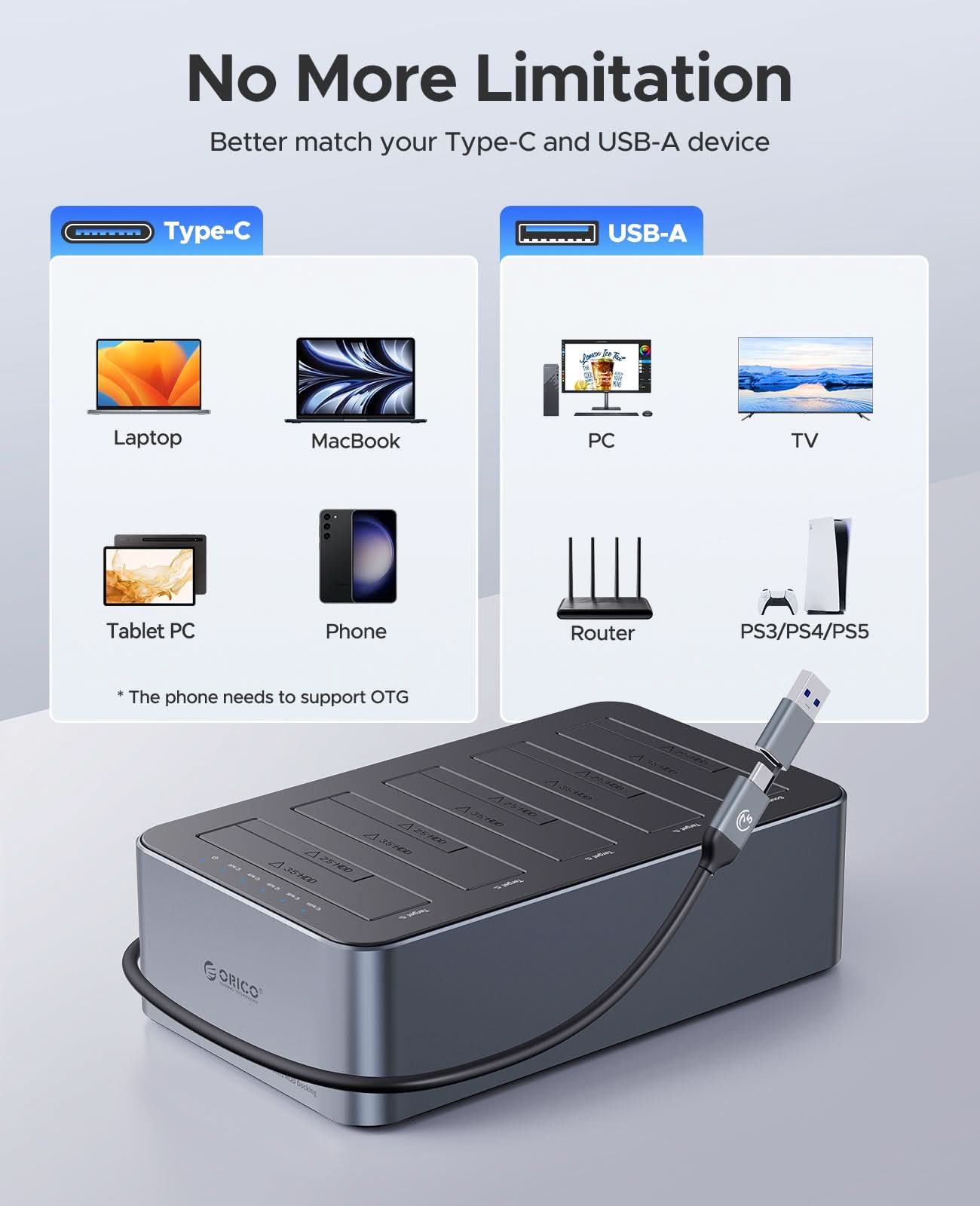 ORICO 5-Bay External Hard Drive Docking Station – With Duplicator – Supports 2.5/3.5