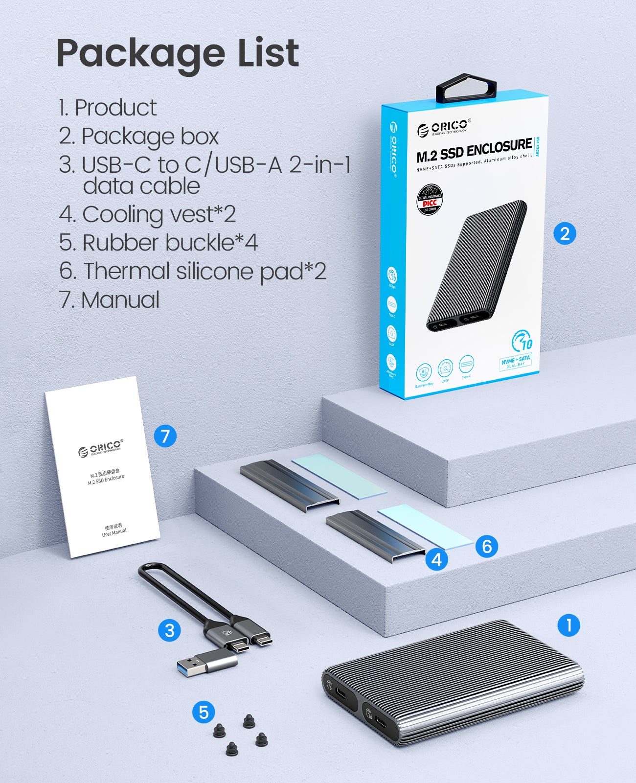 ORICO Aluminum Dual-bay M.2 NVME + SATA SSD Enclosure