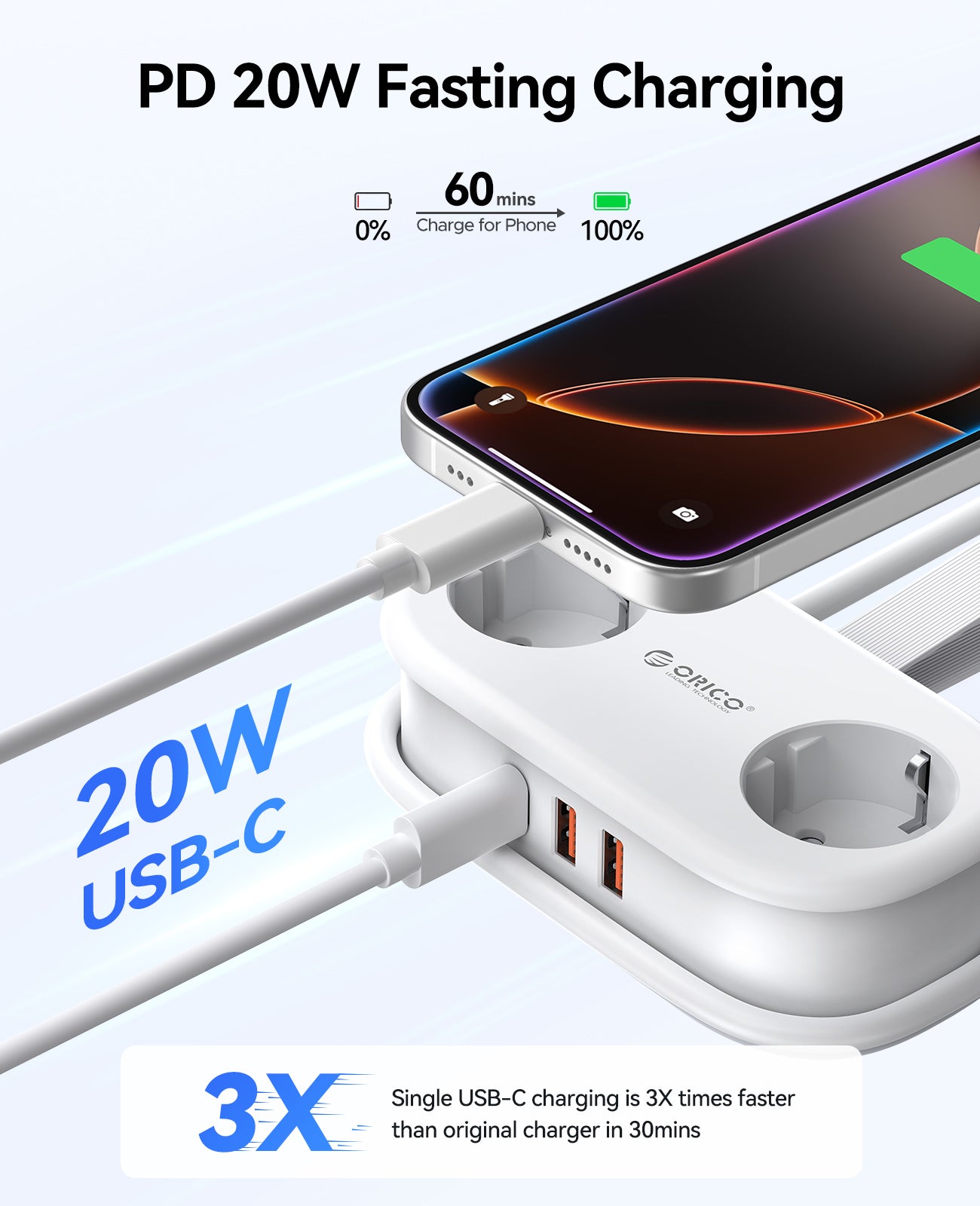 ORICO AP3 PRO EU Pocket Travel Power Strip with USB-C 20W
