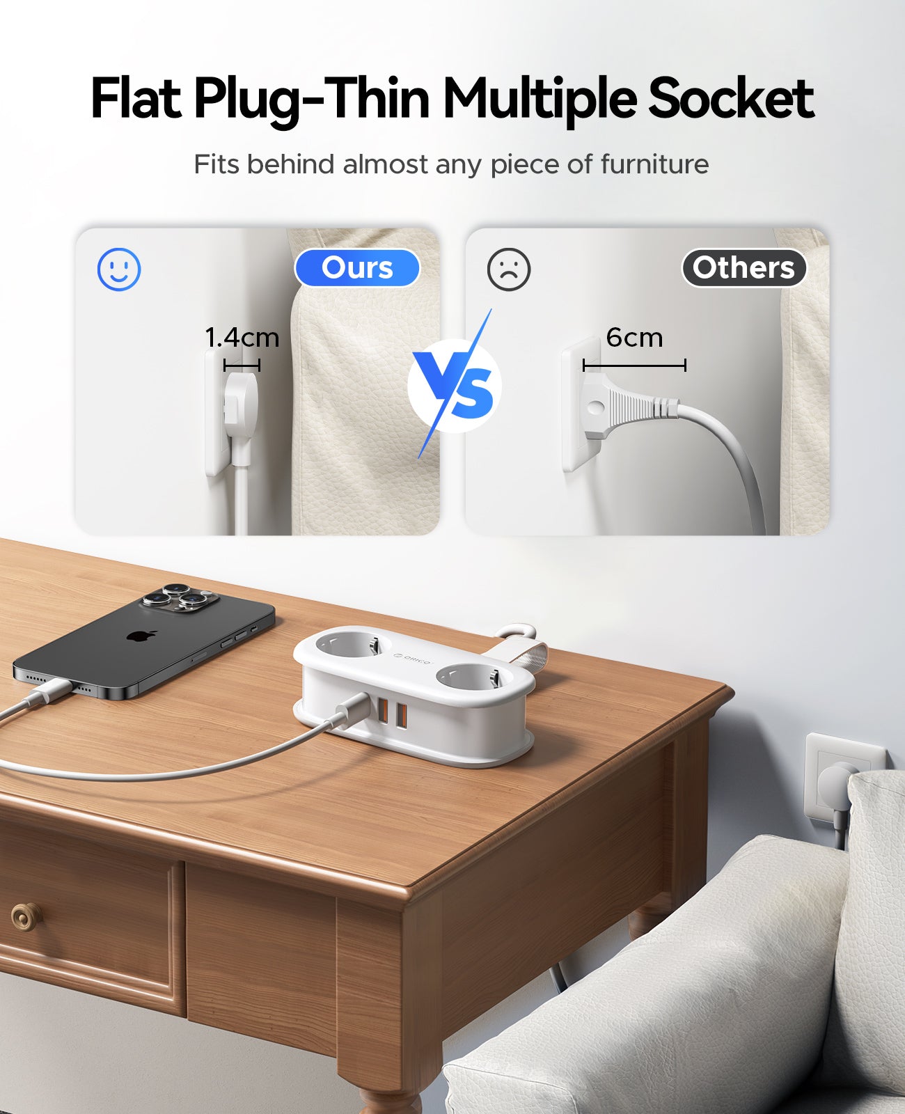 ORICO AP3 PRO EU Pocket Travel Power Strip with USB-C 20W