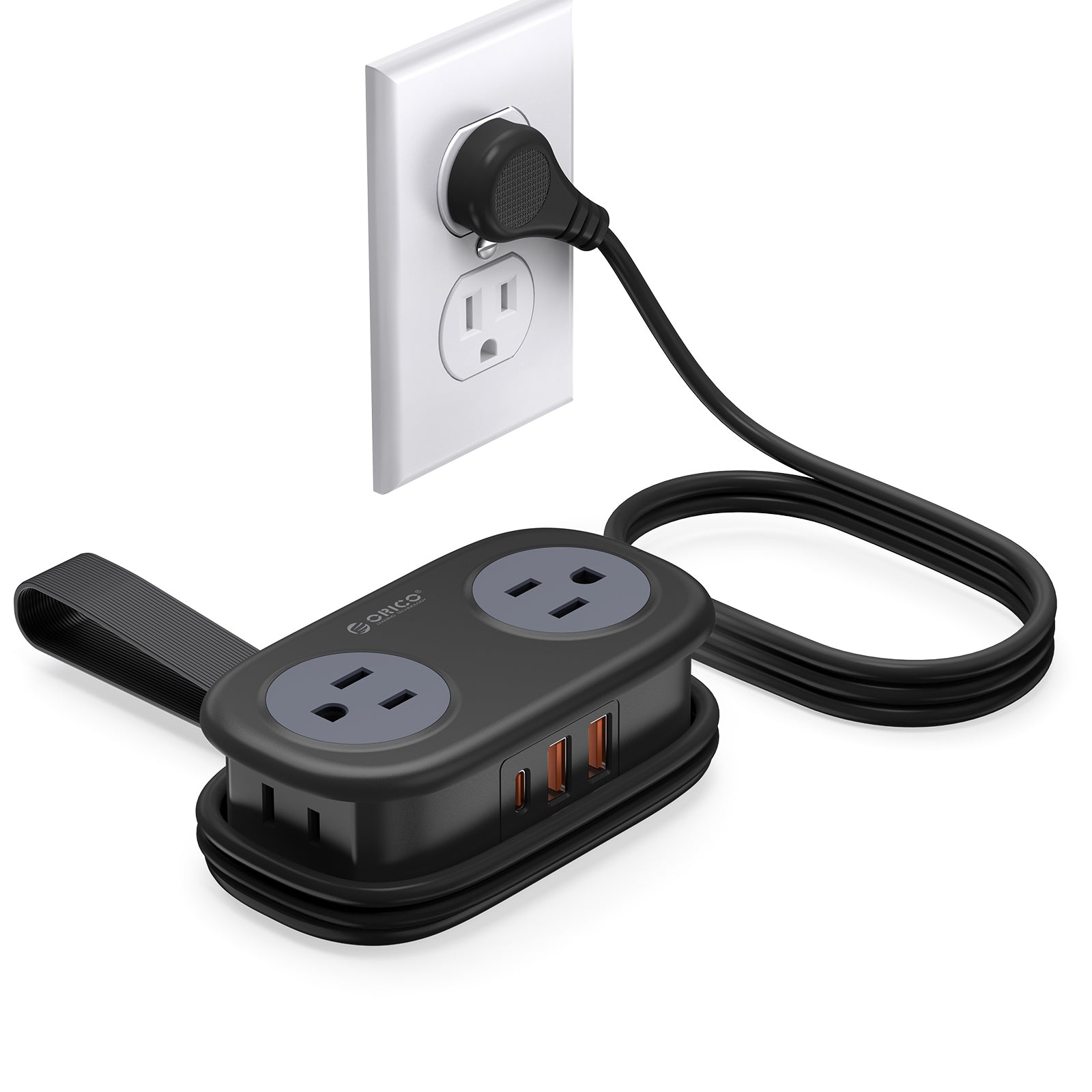 ORICO black pocket travel power strip with 4 AC outlets, 2 USB-A ports and 20W USB-C fast charging, featuring a flat plug and wrap-around cord design.