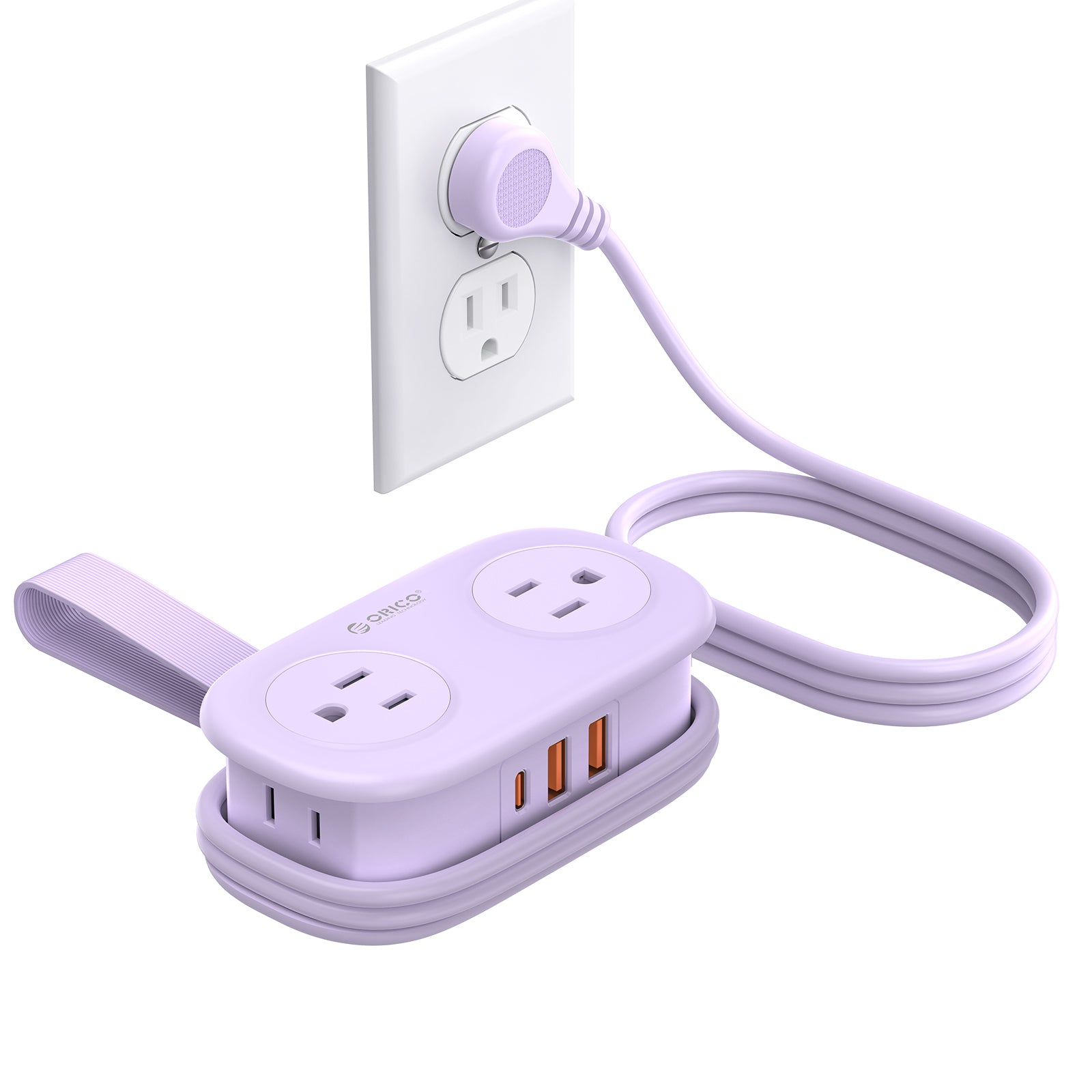 ORICO purple pocket travel power strip with 4 AC outlets, 2 USB-A ports and 20W USB-C fast charging, featuring a flat plug and wrap-around cord design.