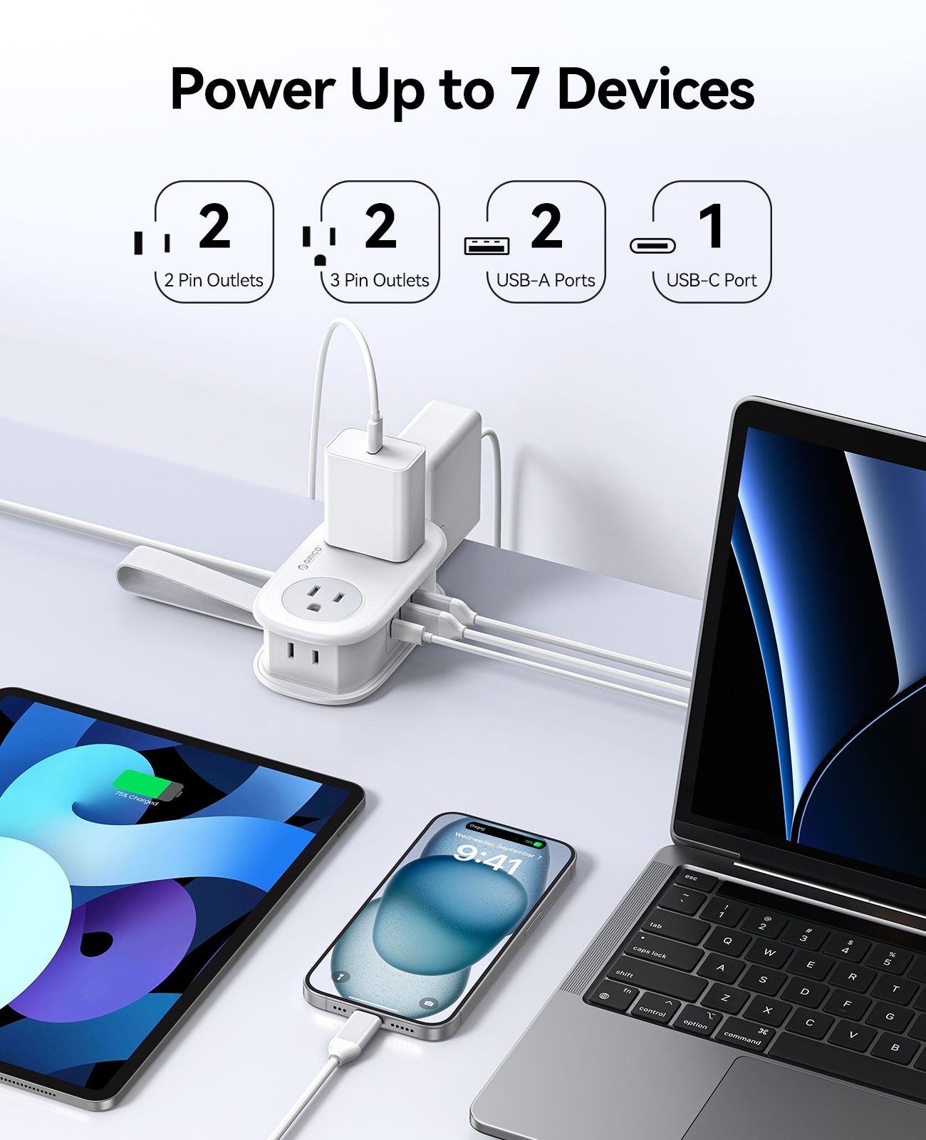 ORICO 7-in-1 travel power strip powering multiple devices including laptop, phone and tablet with AC outlets and USB ports.