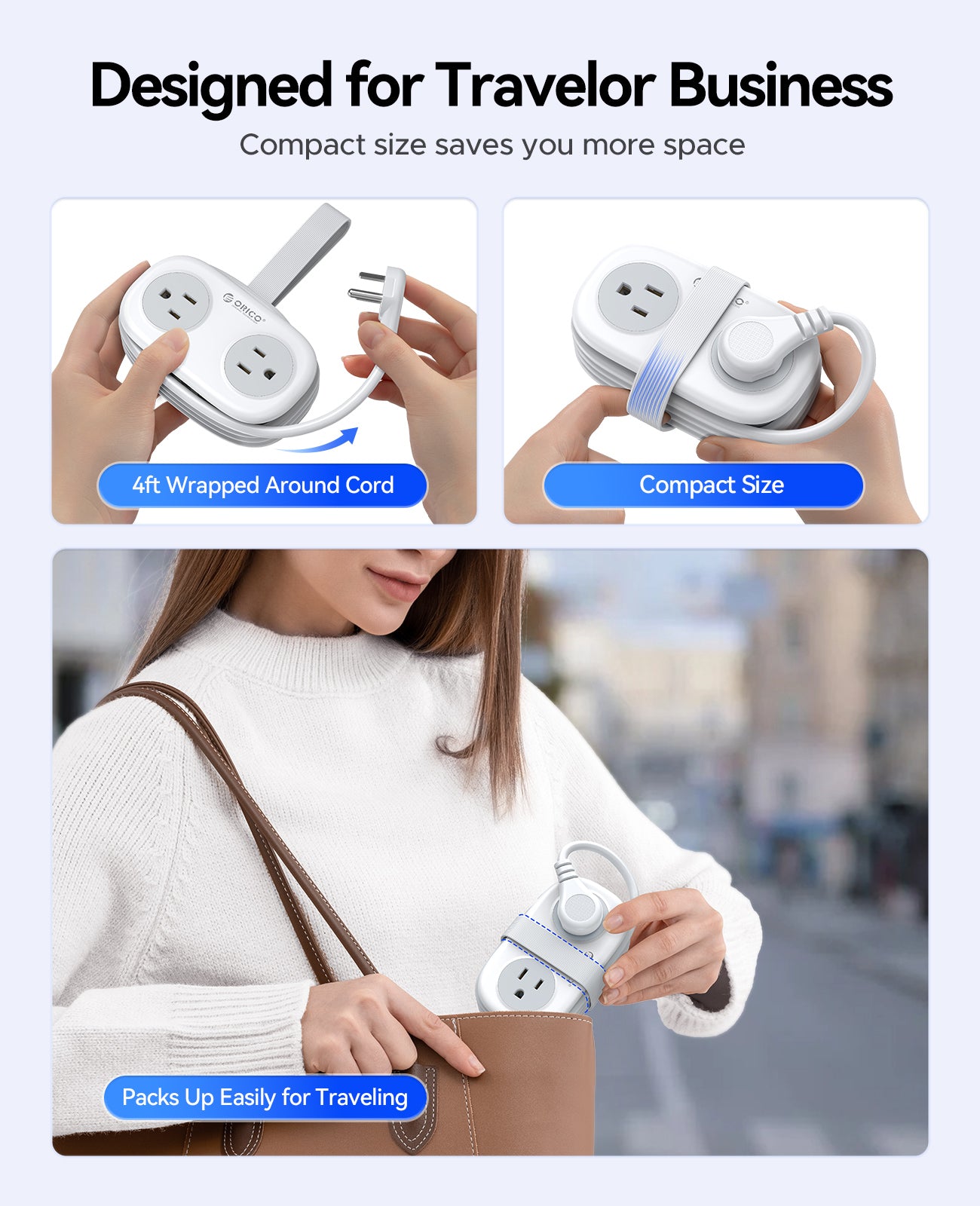 Portable ORICO travel power strip designed for business trips, easy cable wrapping and compact size for luggage.