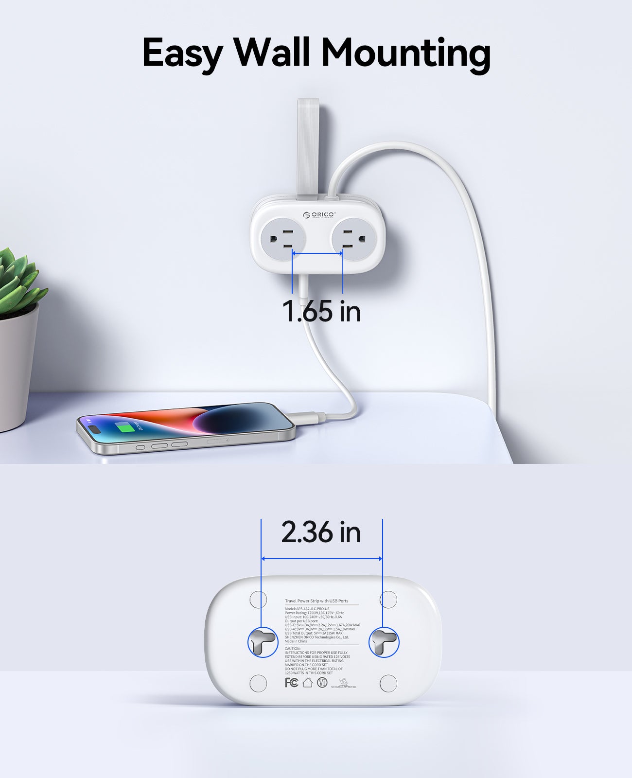 ORICO compact power strip with wall-mount design, allowing convenient installation and organized charging space.