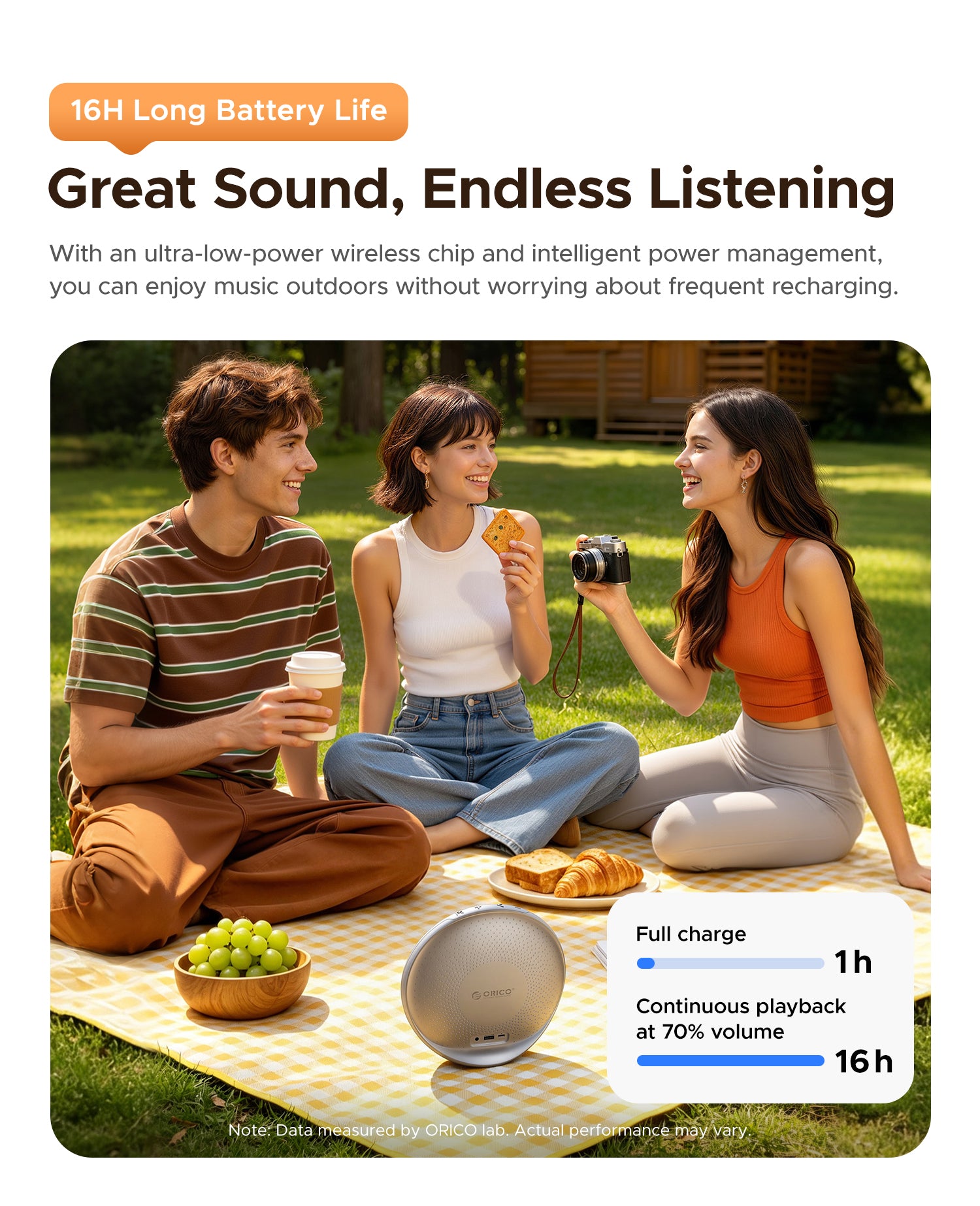 ORICO BH01 16H long battery life bluetooth speaker outdoor picnic camping scene