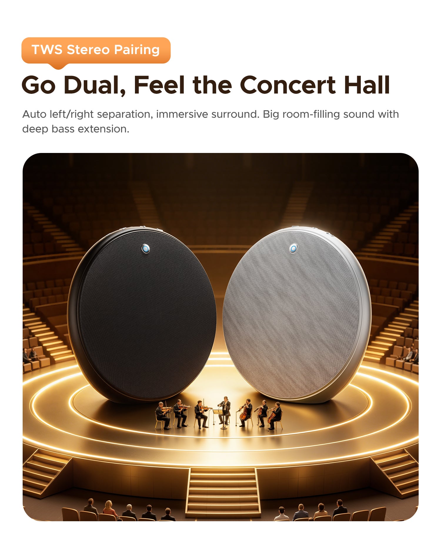 ORICO BH01 TWS stereo pairing two speakers immersive concert hall sound