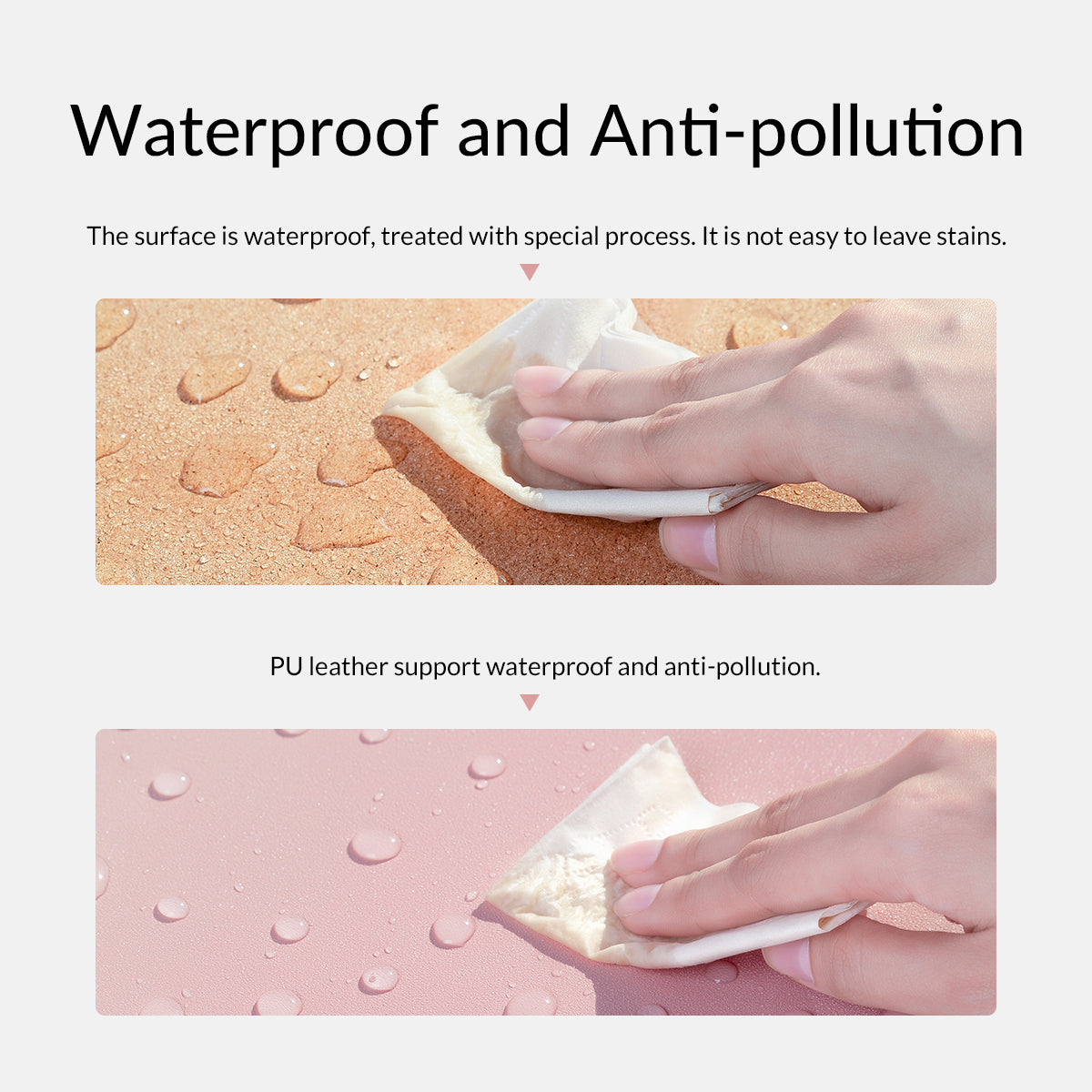 Waterproof anti-fouling test comparison chart, two groups of pictures: natural cork surface with water droplets wiped by tissue, pink PU leather surface with water droplets wiped clean easily; title "Waterproof and Anti-pollution", text explaining special waterproof surface treatment that resists stains