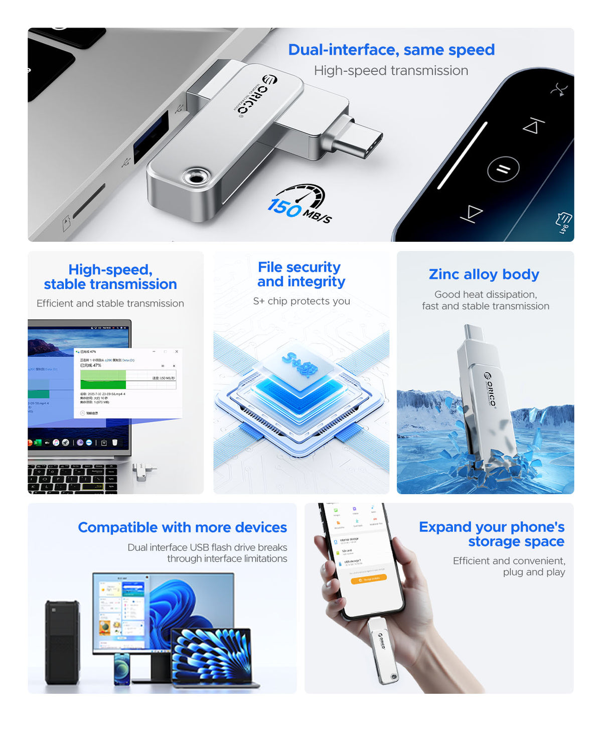 ORICO USB-C dual interface flash drive featuring stable data transfer, secure storage chip and durable zinc alloy body.