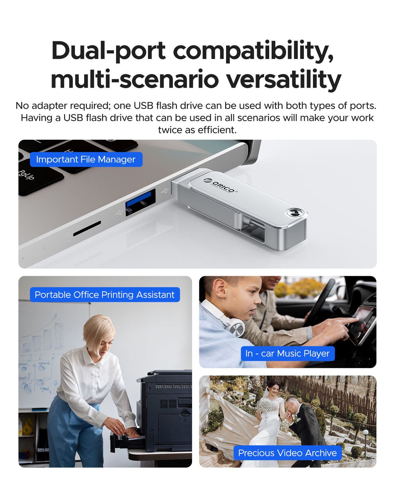 ORICO dual interface USB flash drive with USB-C and USB-A connectors, compatible with laptops, printers, car audio systems and portable file storage.