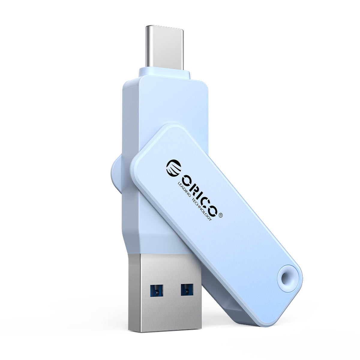 ORICO blue dual interface USB flash drive with USB-C and USB-A connectors, swivel design portable thumb drive for phones, tablets and laptops.