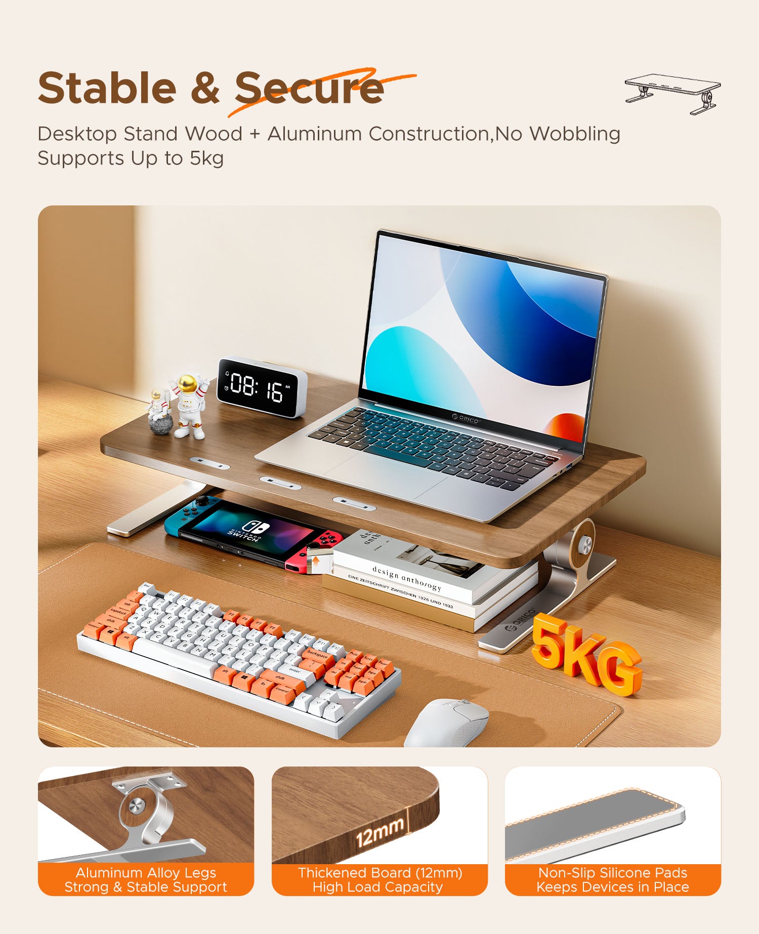 stable laptop stand with aluminum alloy legs supports up to 5kg load capacity
