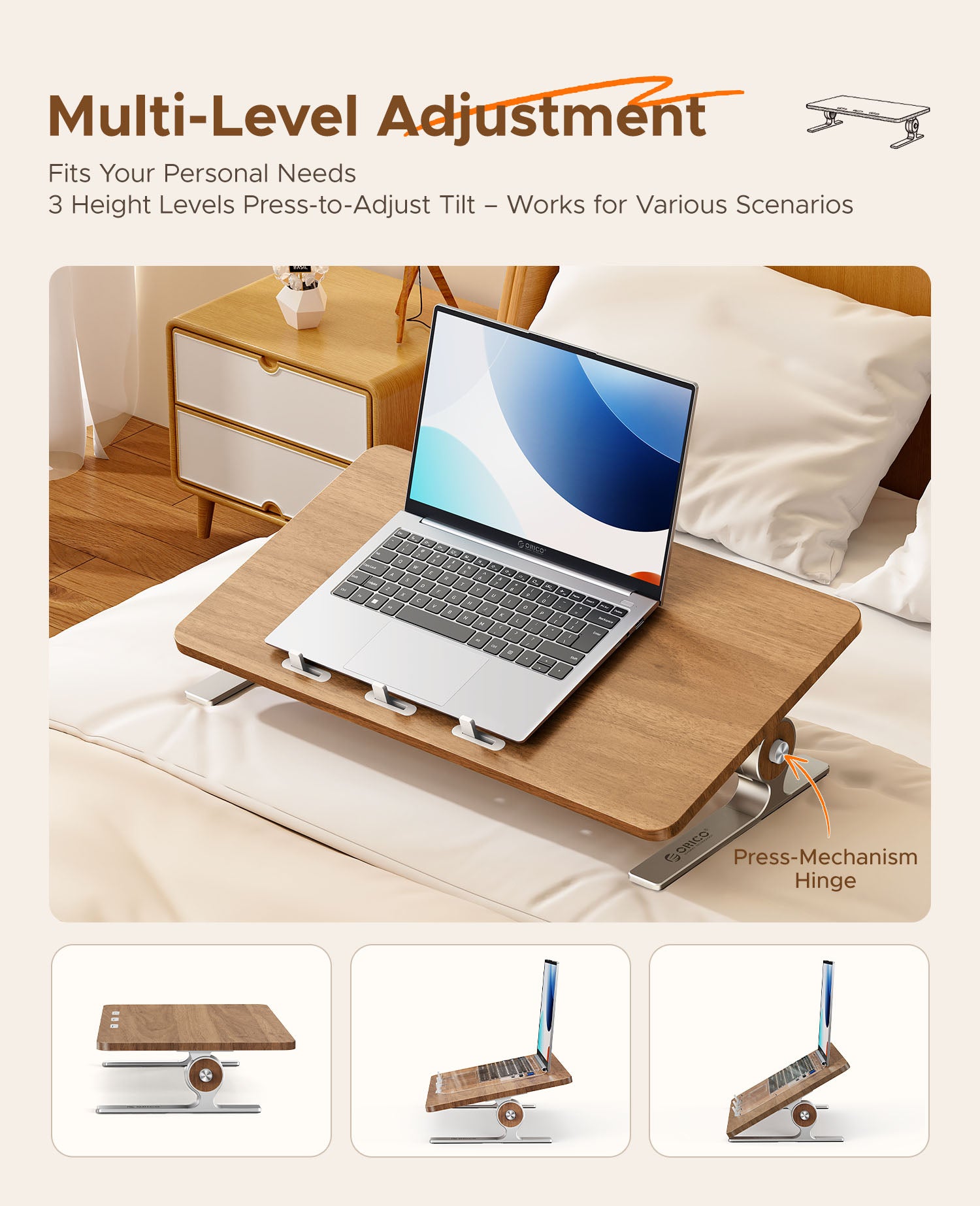 3 level adjustable laptop stand showing multiple viewing angles and hinge design