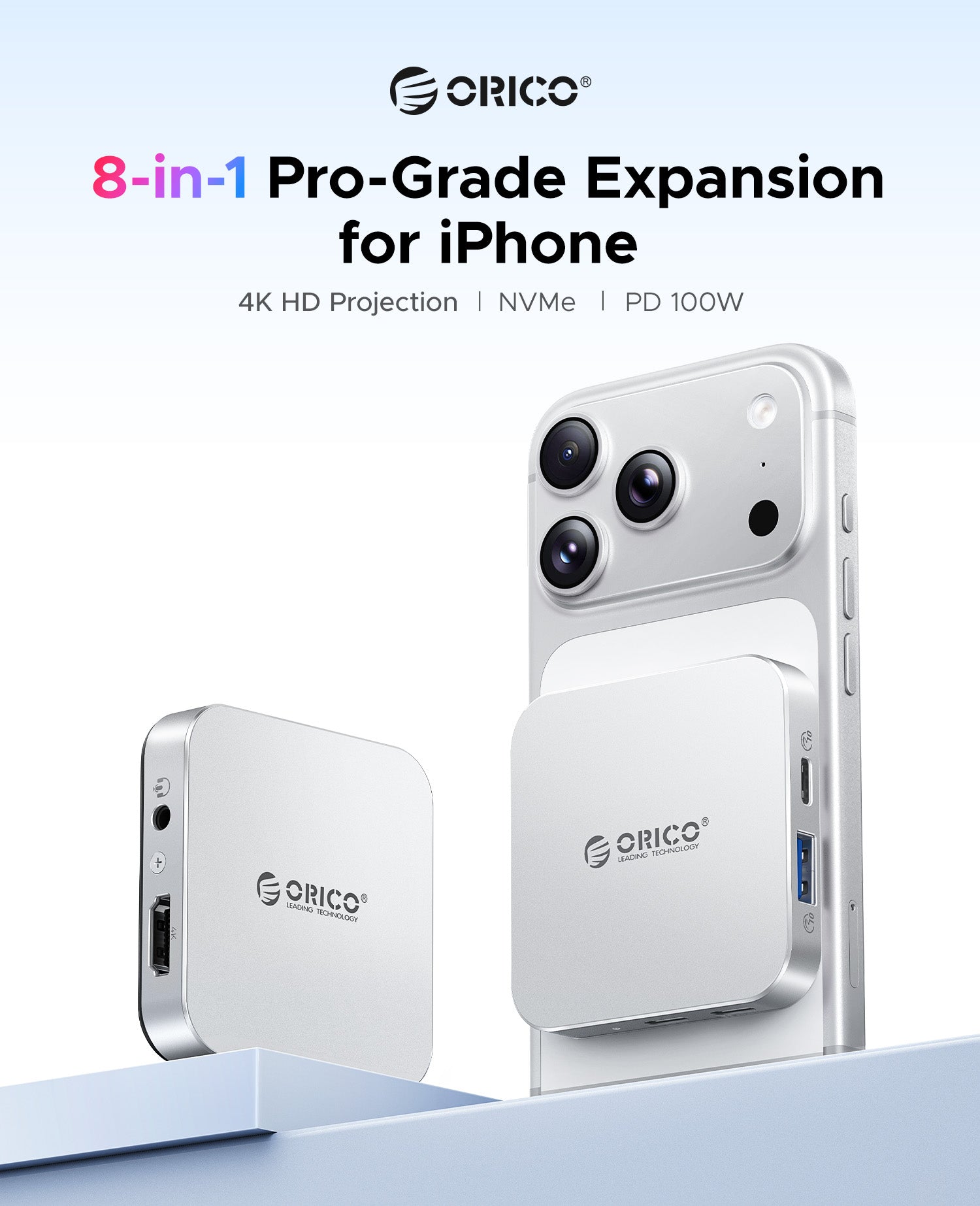 ORICO 8-in-1 Pro-Grade iPhone expansion hub with NVMe storage support, 4K HD projection, and 100W PD charging, magnetically attached to the back of an iPhone with multiple ports including USB-A and USB-C.