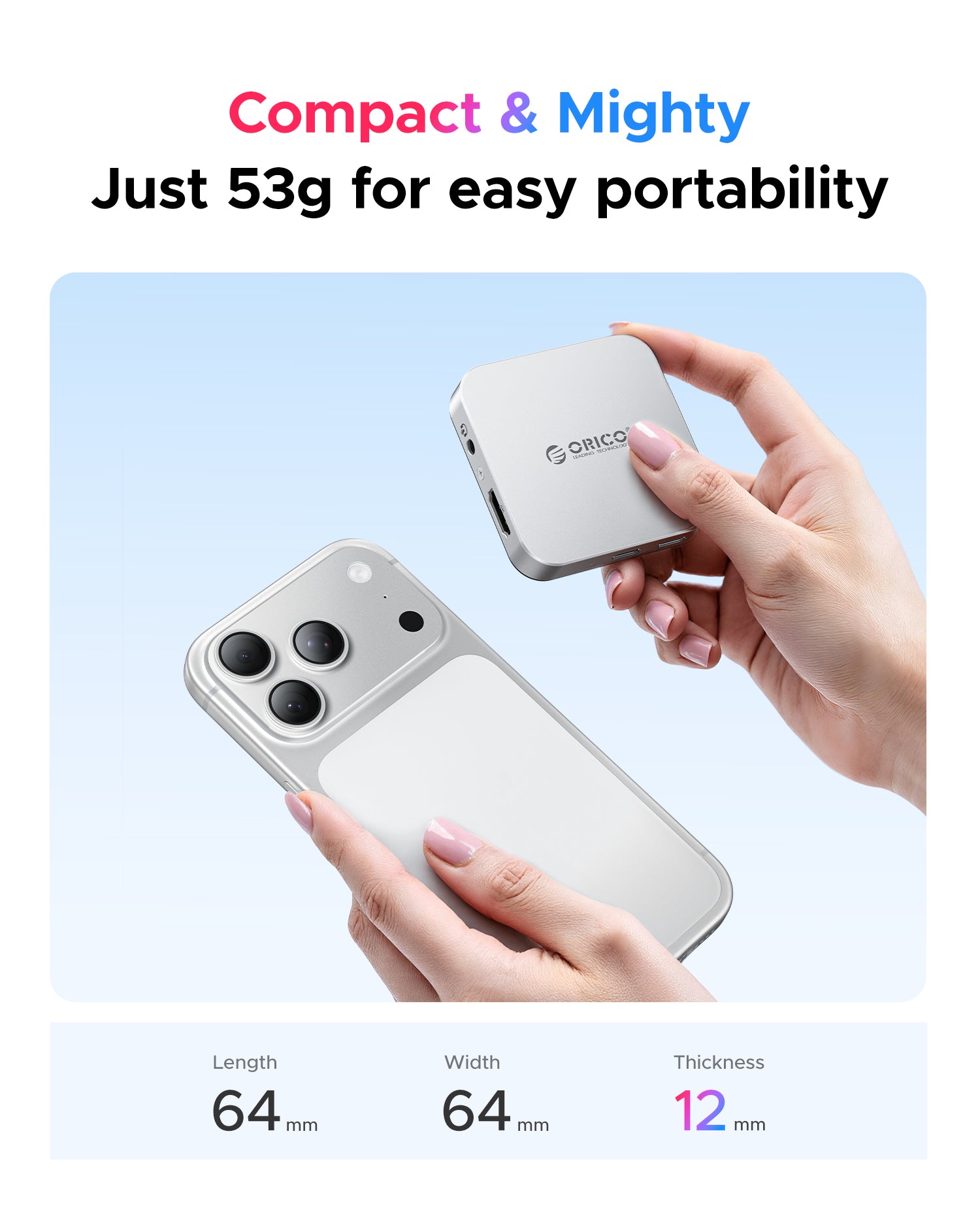 ORICO compact iPhone hub weighing 53g with a portable 64×64×12mm design.
