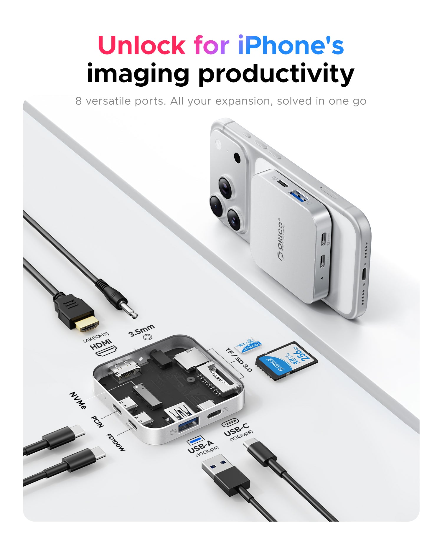 ORICO 8-in-1 iPhone hub with HDMI, USB ports, NVMe SSD slot, SD/TF card readers, and 3.5mm audio for mobile content creation.
