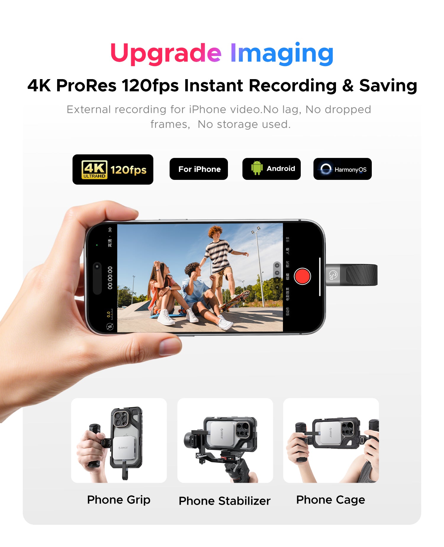 ORICO iPhone hub enabling 4K ProRes 120fps external recording for mobile video production and instant file saving.