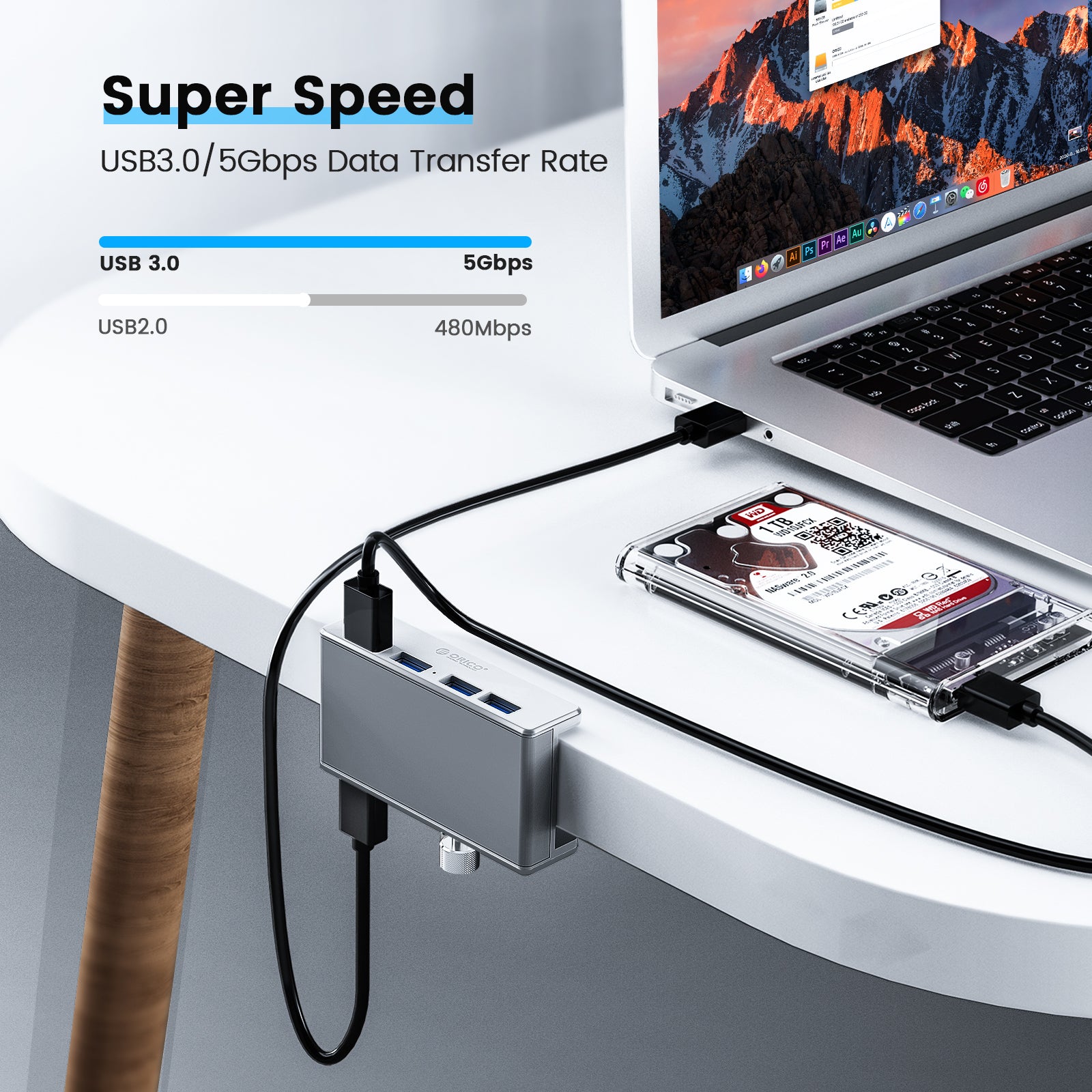 ORICO Hub dapat dipasang desain klem USB 4-Port 3.0