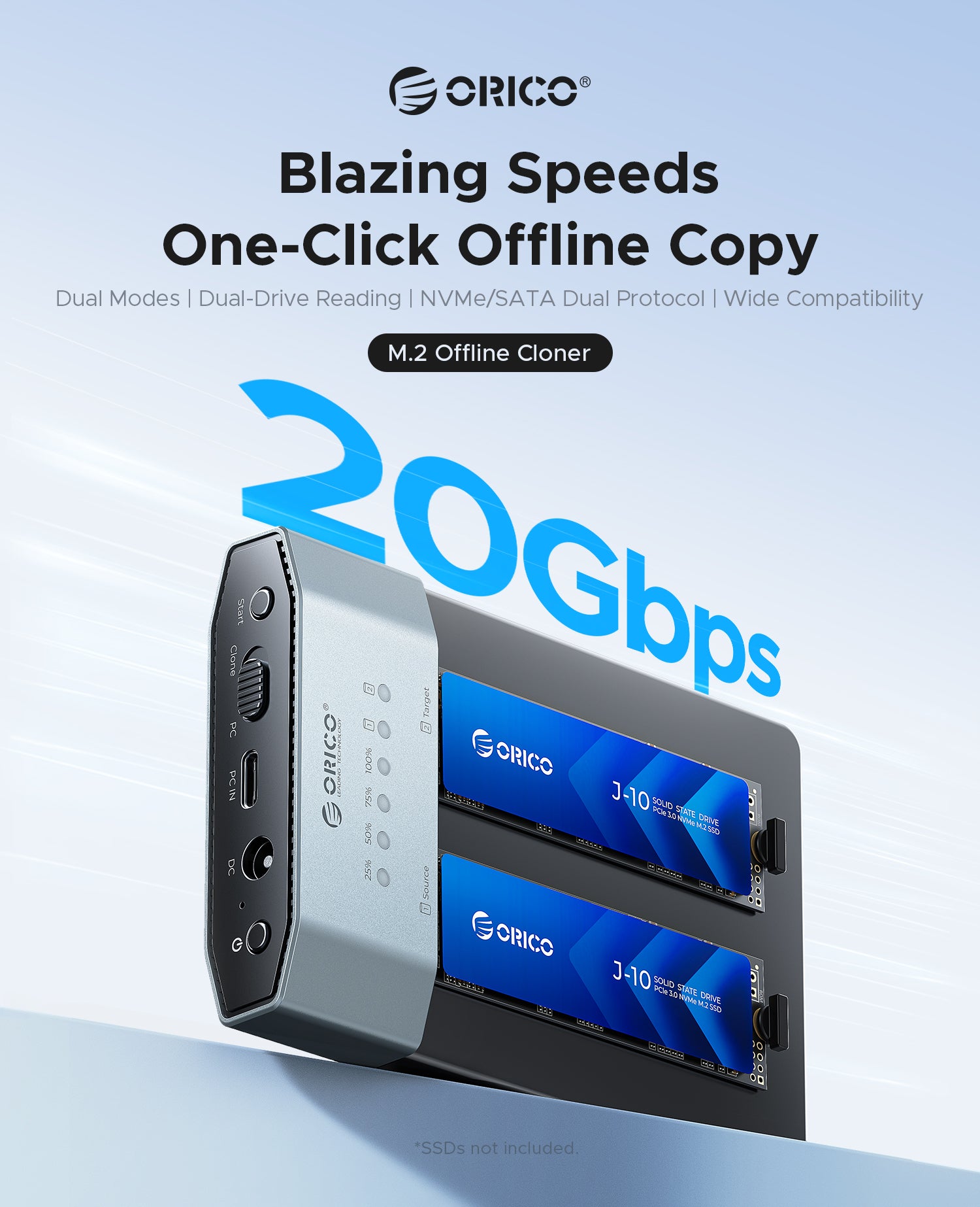 ORICO M.2 Offline Cloner with blazing 20Gbps speeds and one-click offline copy functionality, featuring dual M.2 NVMe SSD slots and USB-C connectivity.
