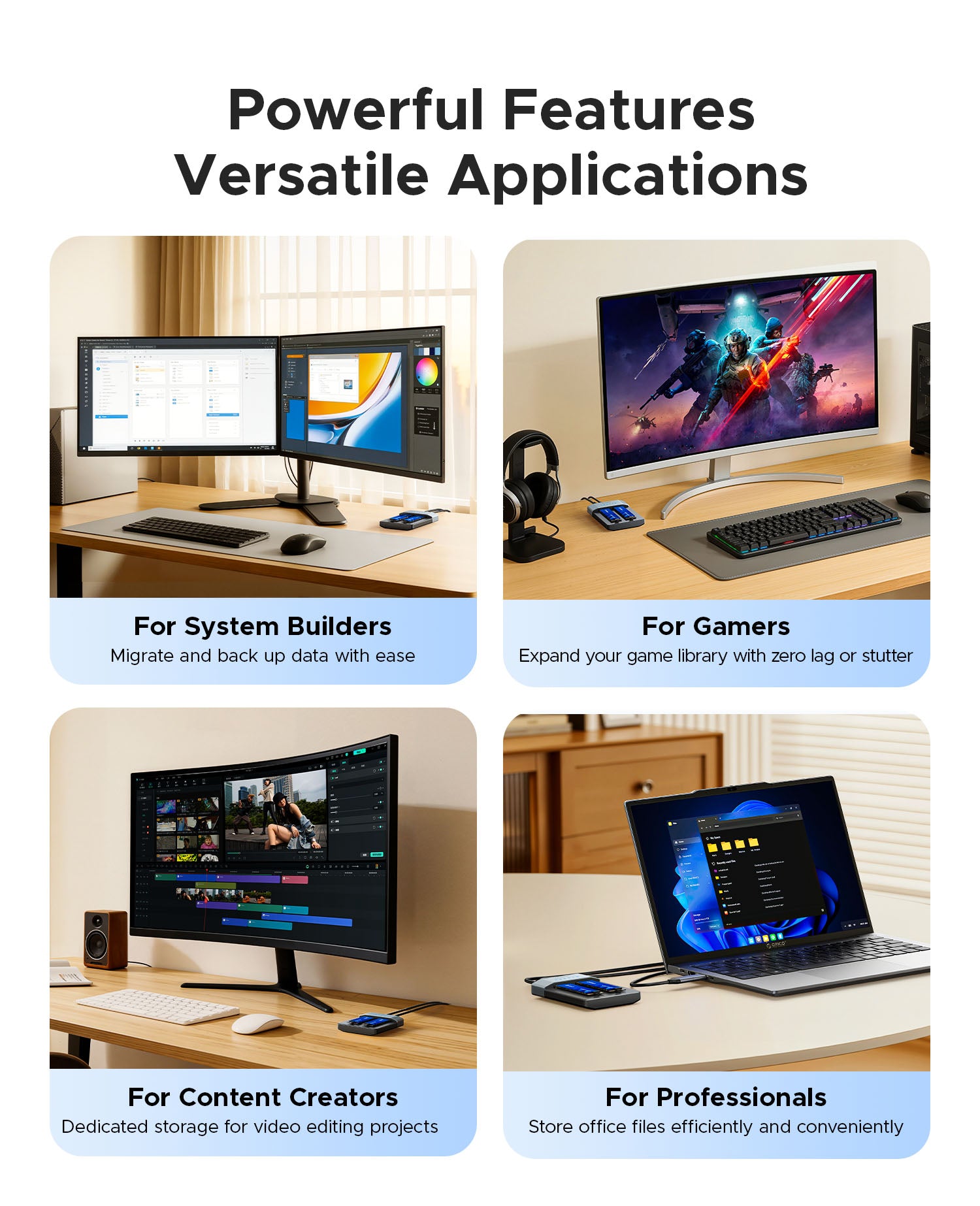Versatile applications grid showcasing four use cases: system builders for data migration, gamers for library expansion, content creators for video editing storage, and professionals for office file management.
