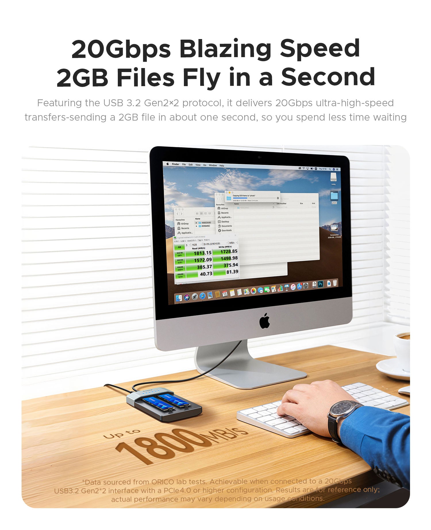 20Gbps transfer speed demonstration with performance metrics displayed on iMac screen, showing up to 1800MB/s read/write speeds for 2GB file transfers in about one second.