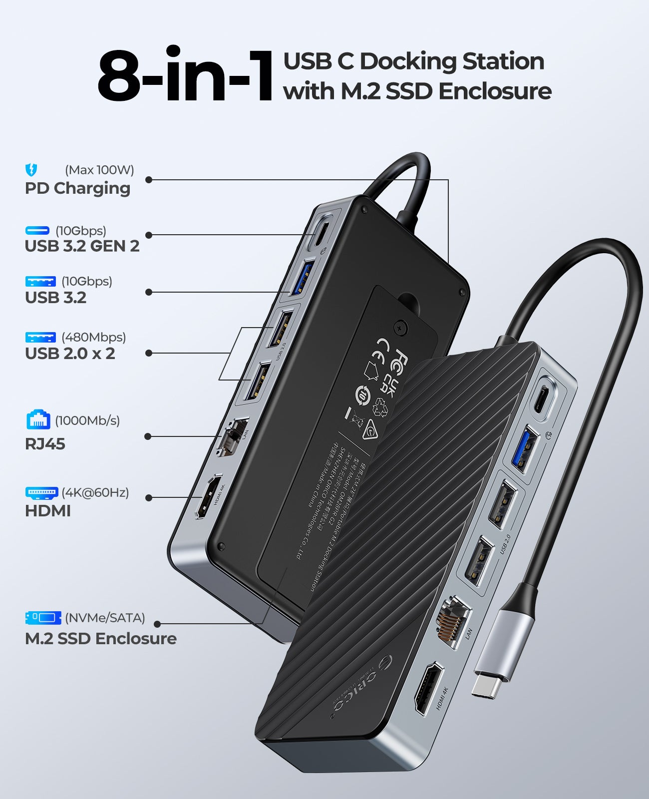 ORICO 8-IN-1 Docking Station with M.2 SSD Enclosure, RJ45 Ethernet port - Orico