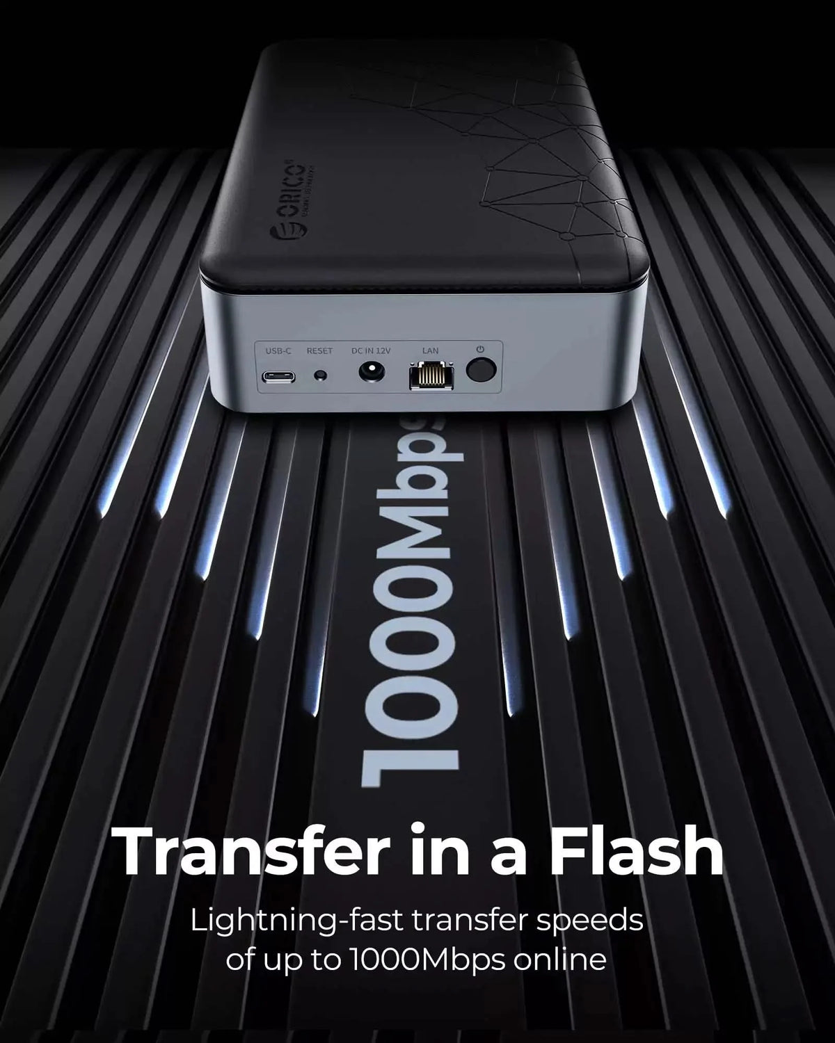 Private cloud storage device with gigabit Ethernet port supporting transfer speeds up to 1000Mbps.