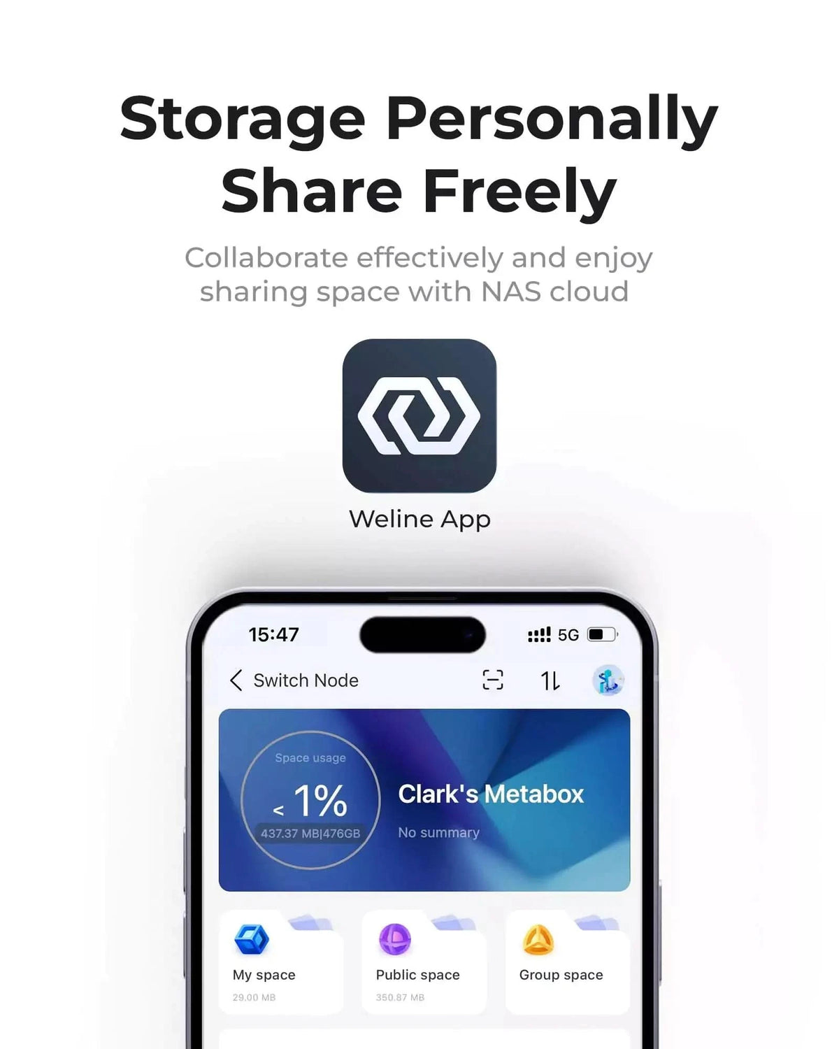 Personal cloud storage app interface supporting personal files and team file sharing