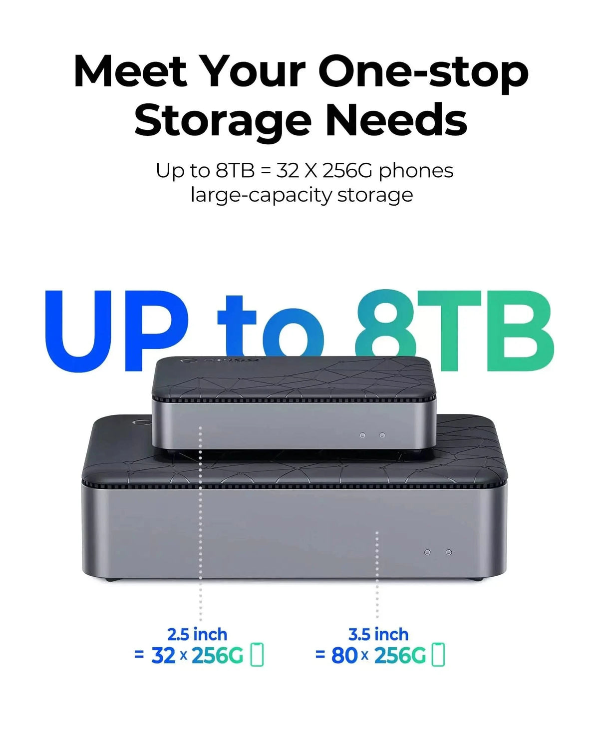 Personal cloud storage device supporting up to 8TB capacity with 2.5 inch hard drive for large file backup.