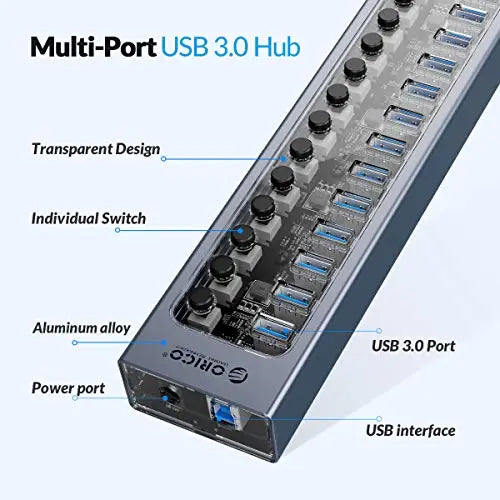 ORICO Transparent USB 3.0 Individual Power Switches 7 Ports Hub ORICO