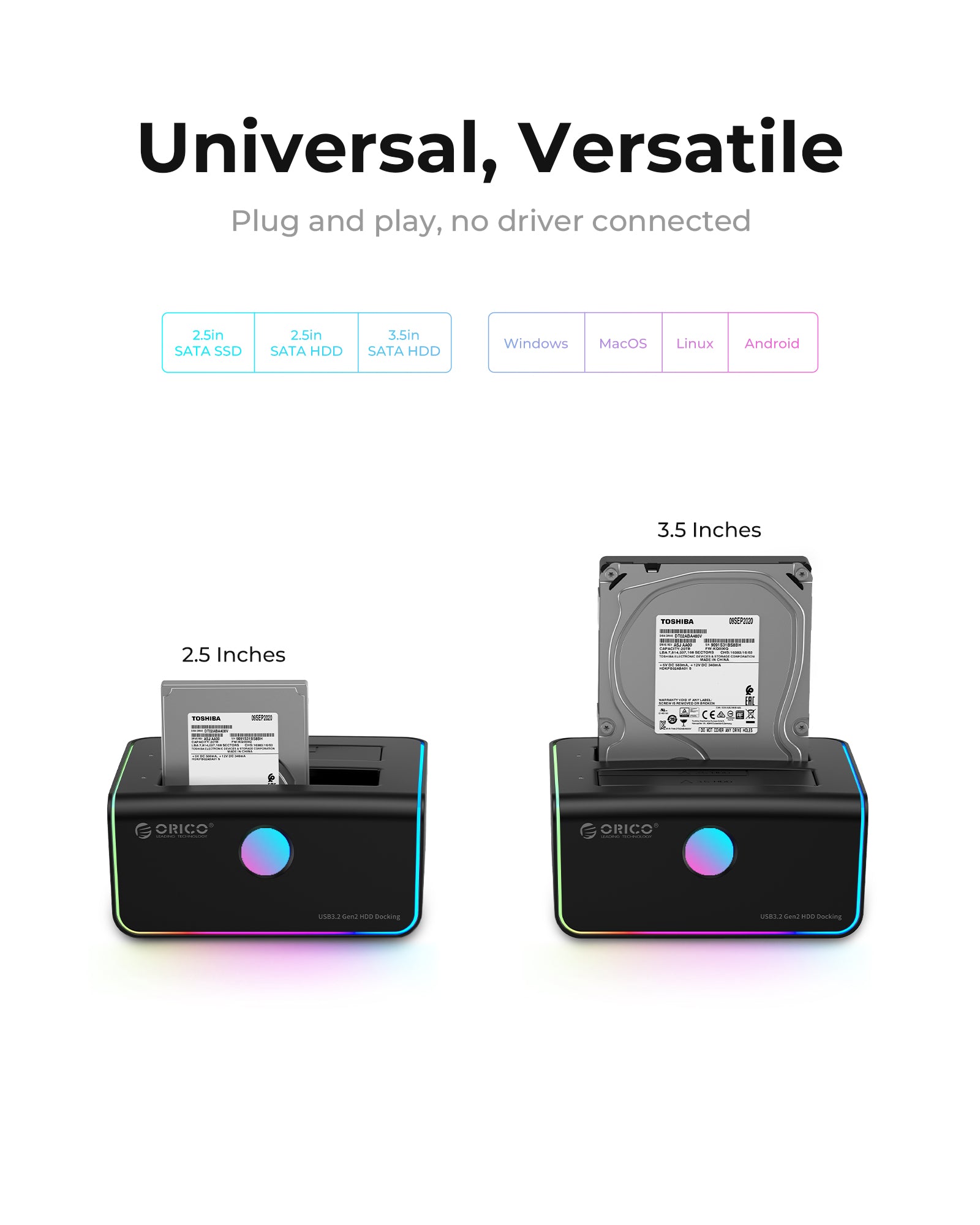 ORICO RGB dual Bay SATA HDD SSD สถานีเชื่อมต่อฮาร์ดไดรฟ์