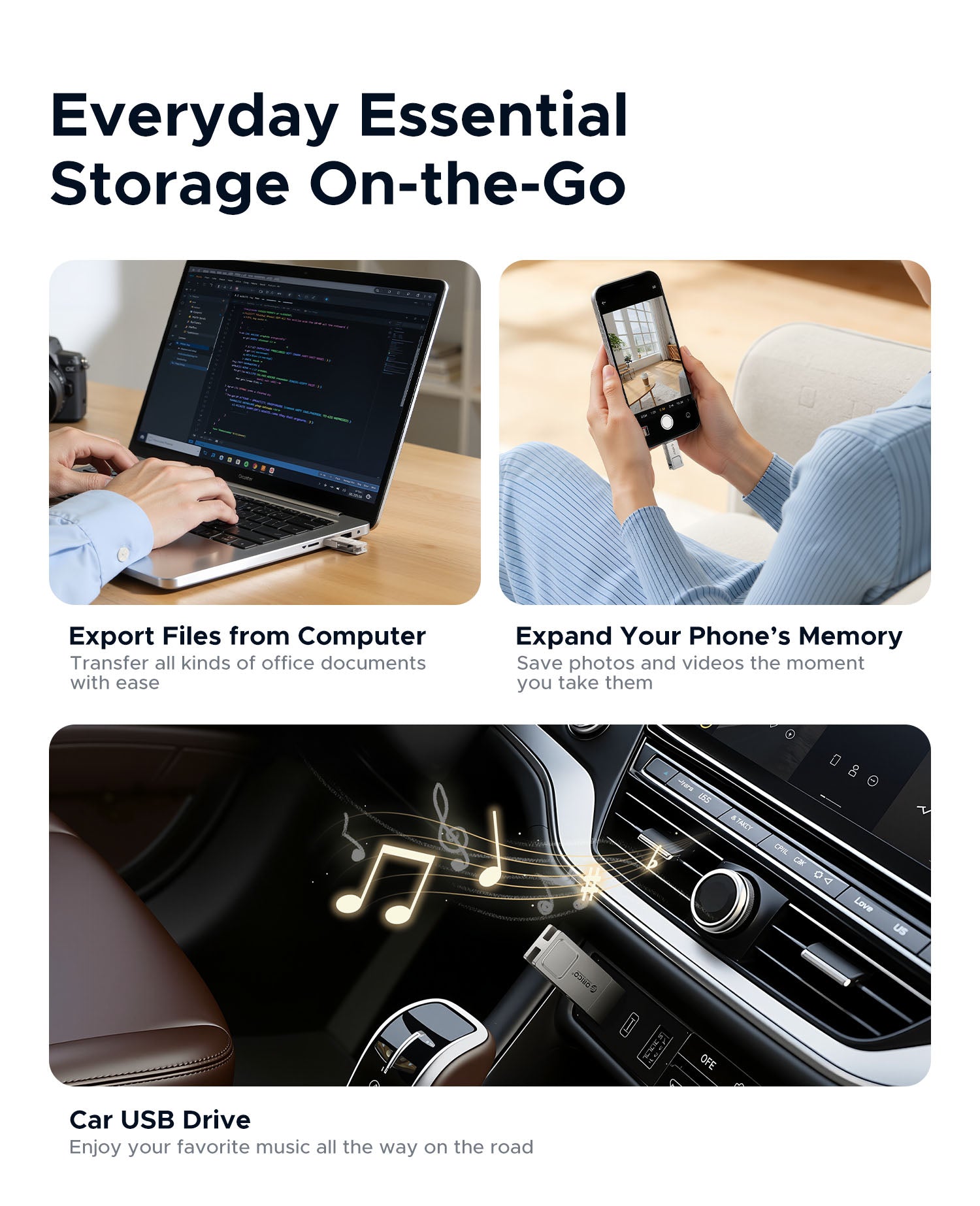 ORICO U301 Dual-Interface Mini Flash Drive, Everyday On-the-Go Storage for Computer, Phone & Car