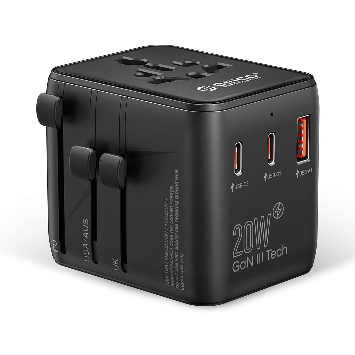 GaN 20W Universal Global Travel Adapter 2 USB C & 1 USB Ports