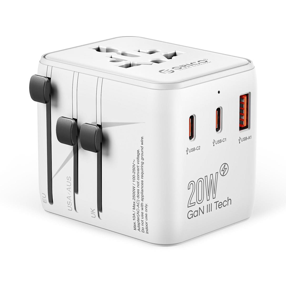 ORICO 20W Universal Global Travel Adapter with 2 USB-C & 1 USB-A Ports Orico