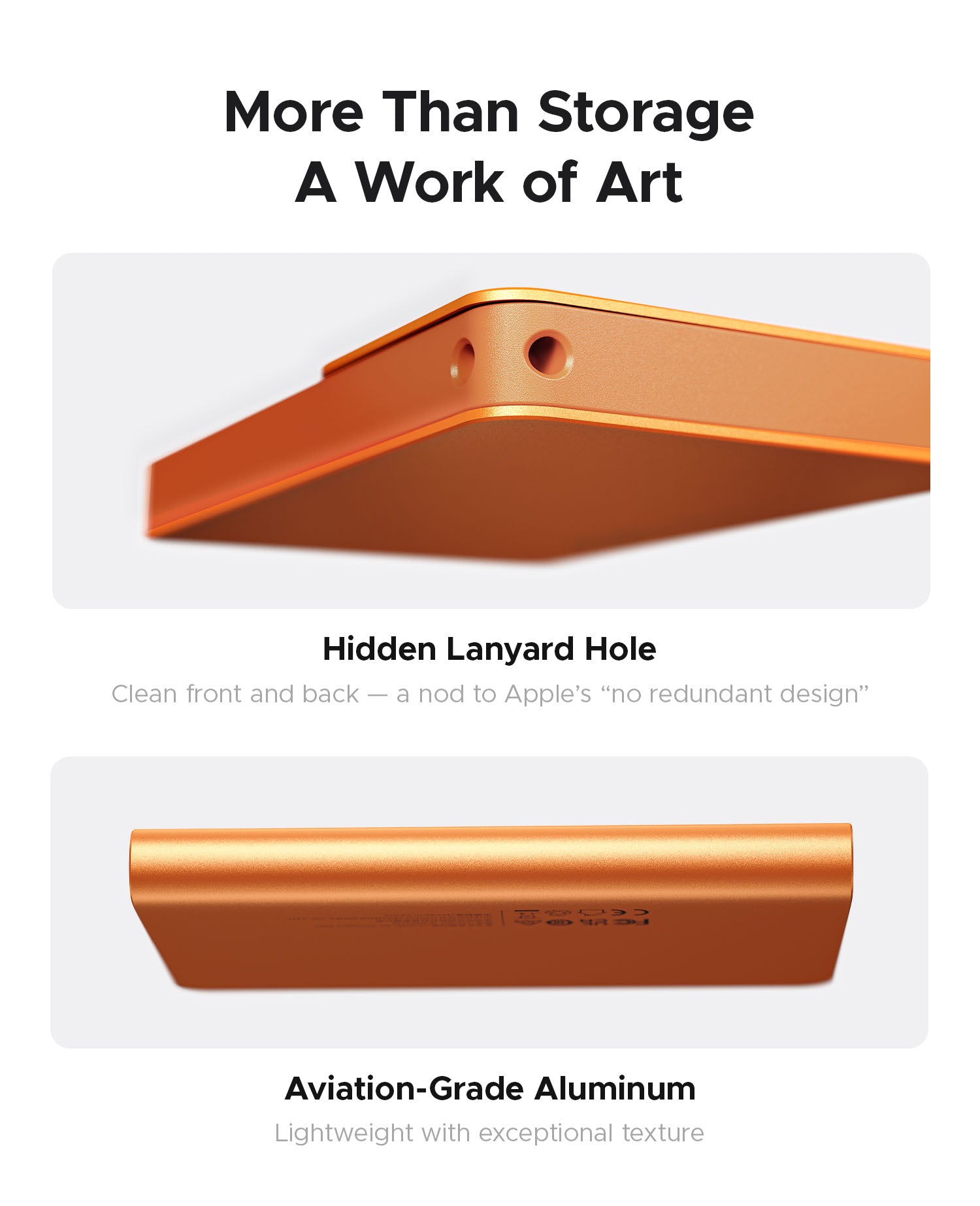 Close-up of ORICO iFolder Go portable SSD showing hidden lanyard hole and aviation-grade aluminum body construction.