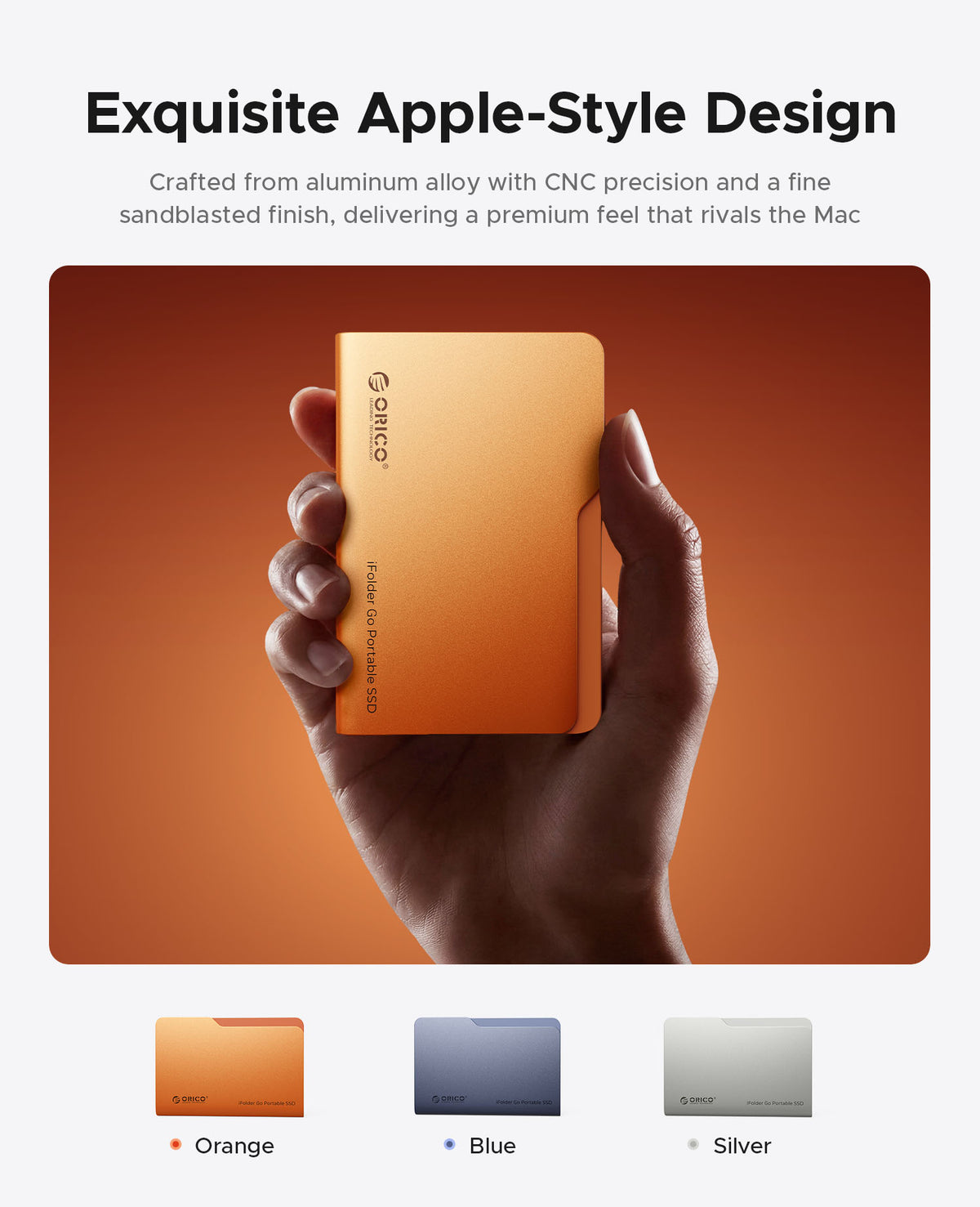 Handheld ORICO iFolder Go aluminum portable SSD showing slim Apple-style design and premium sandblasted metal finish.