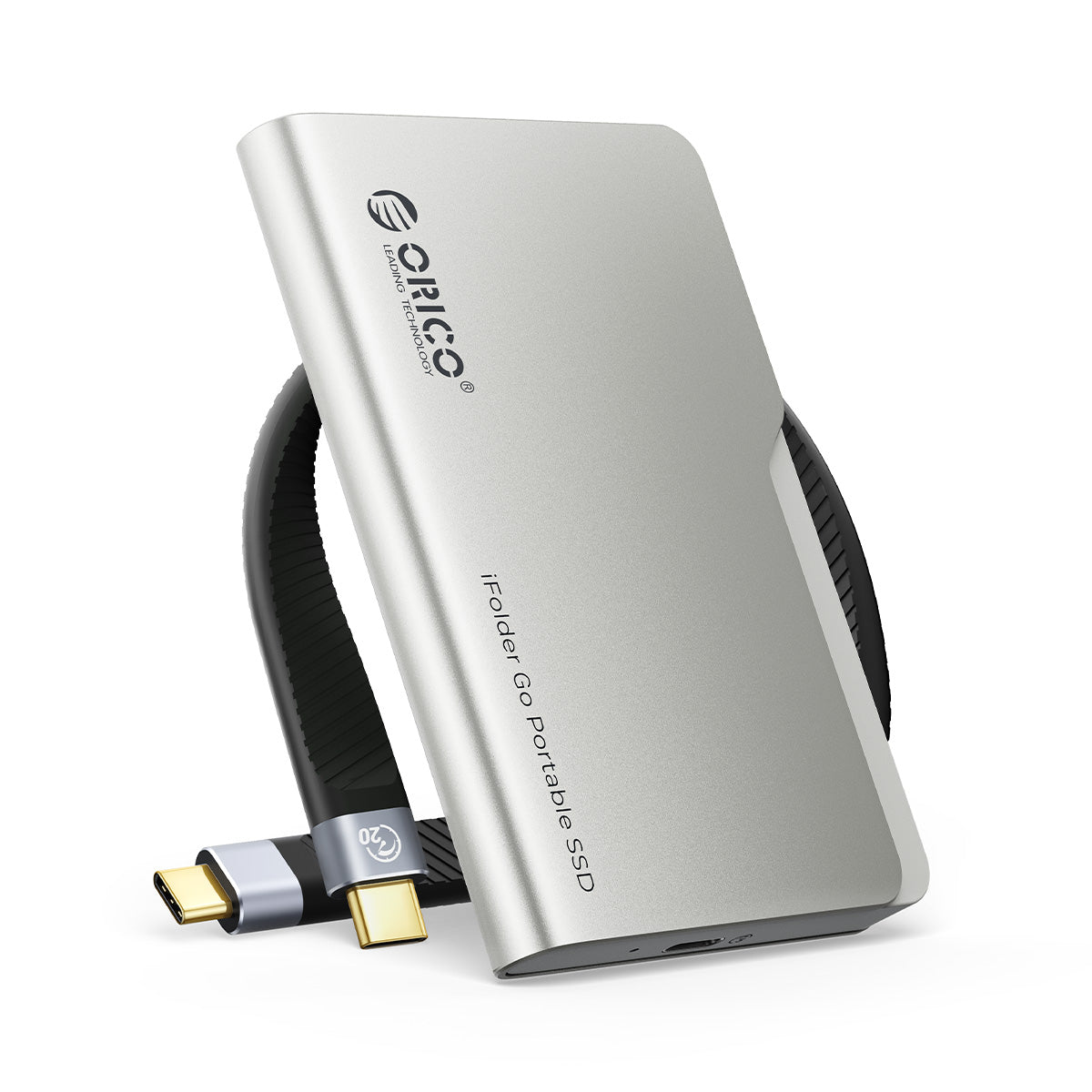 ORICO white iFolder Go portable SSD with built-in USB-C cable, compact aluminum external solid state drive for fast and portable data storage.